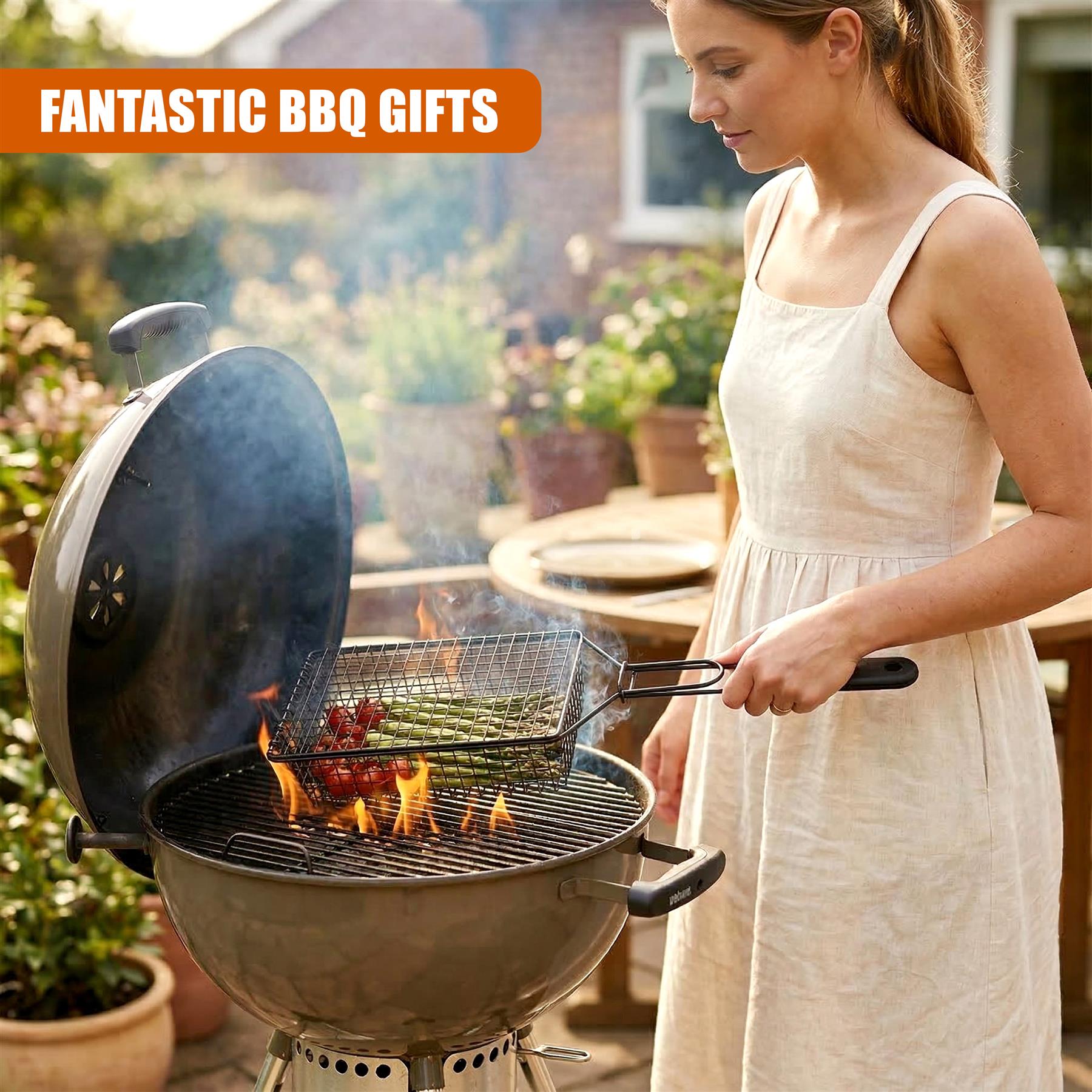 A large cast iron grill basin holds a grilling rack with food and visible flames.