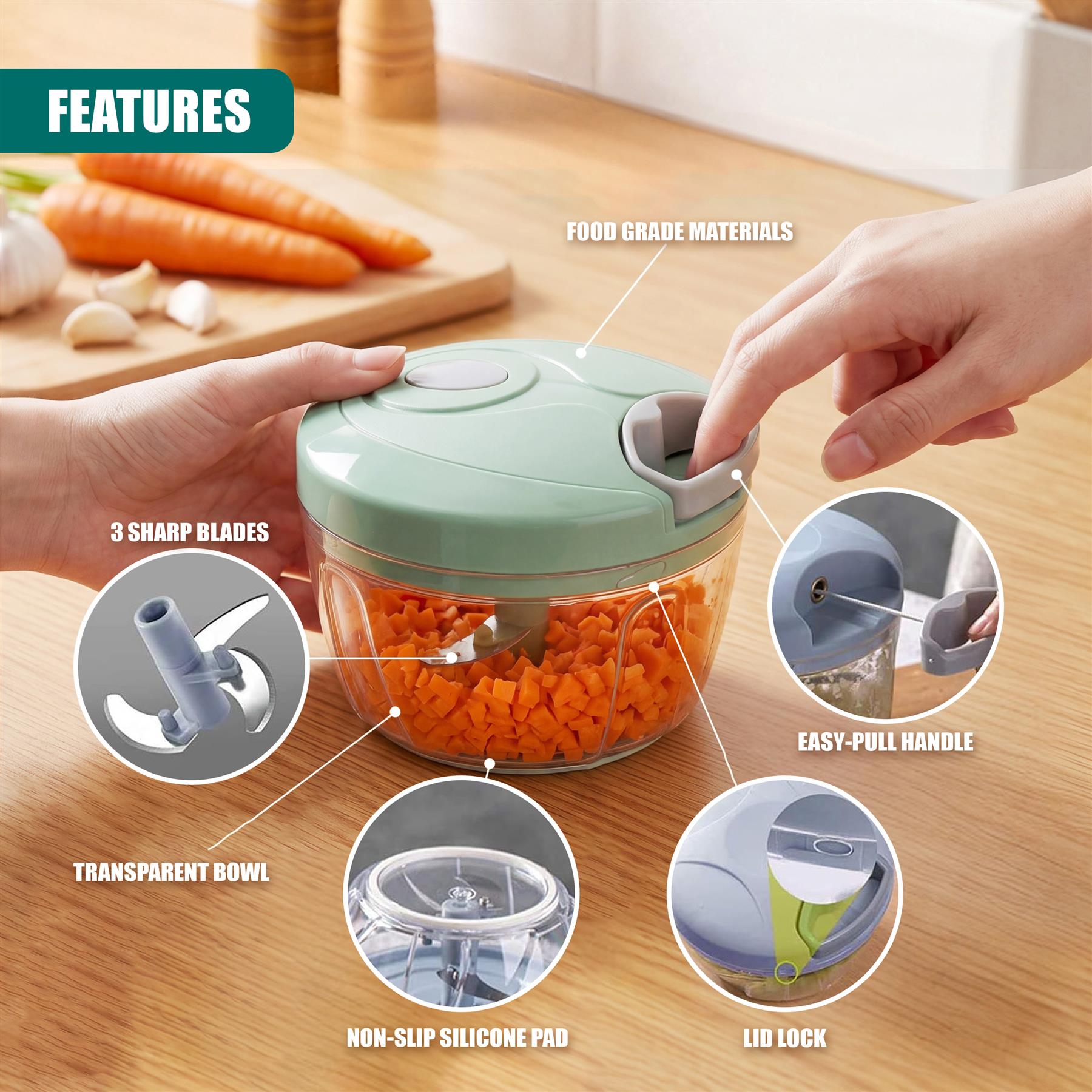 Close-up diagram of a manual food chopper showing the blade assembly, bowl, and lid mechanism.
