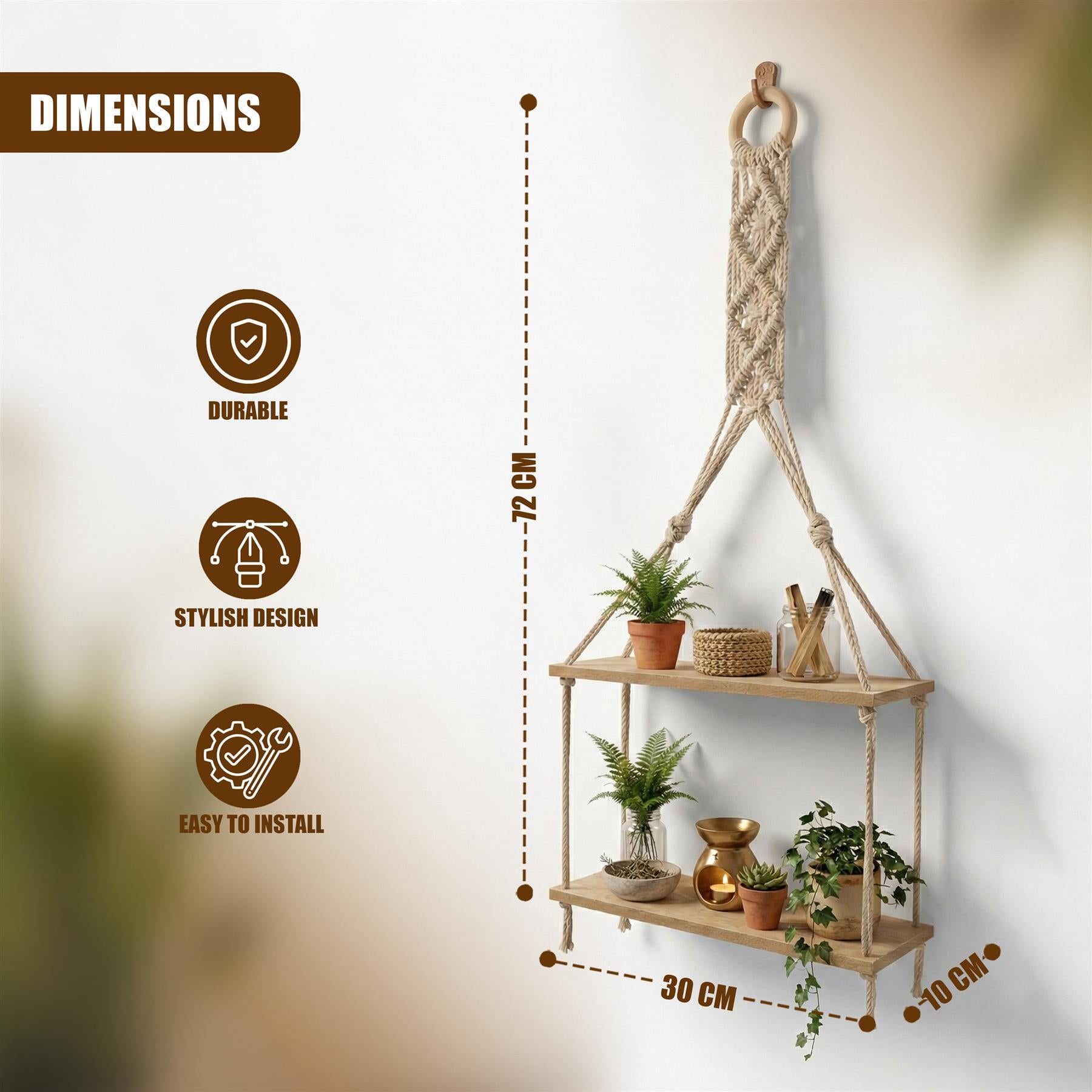 A macrame wall hanging with two wooden shelves, featuring a macrame hanger, two wooden shelves, and a variety of plants and decorative items. - The Magic Toy Shop