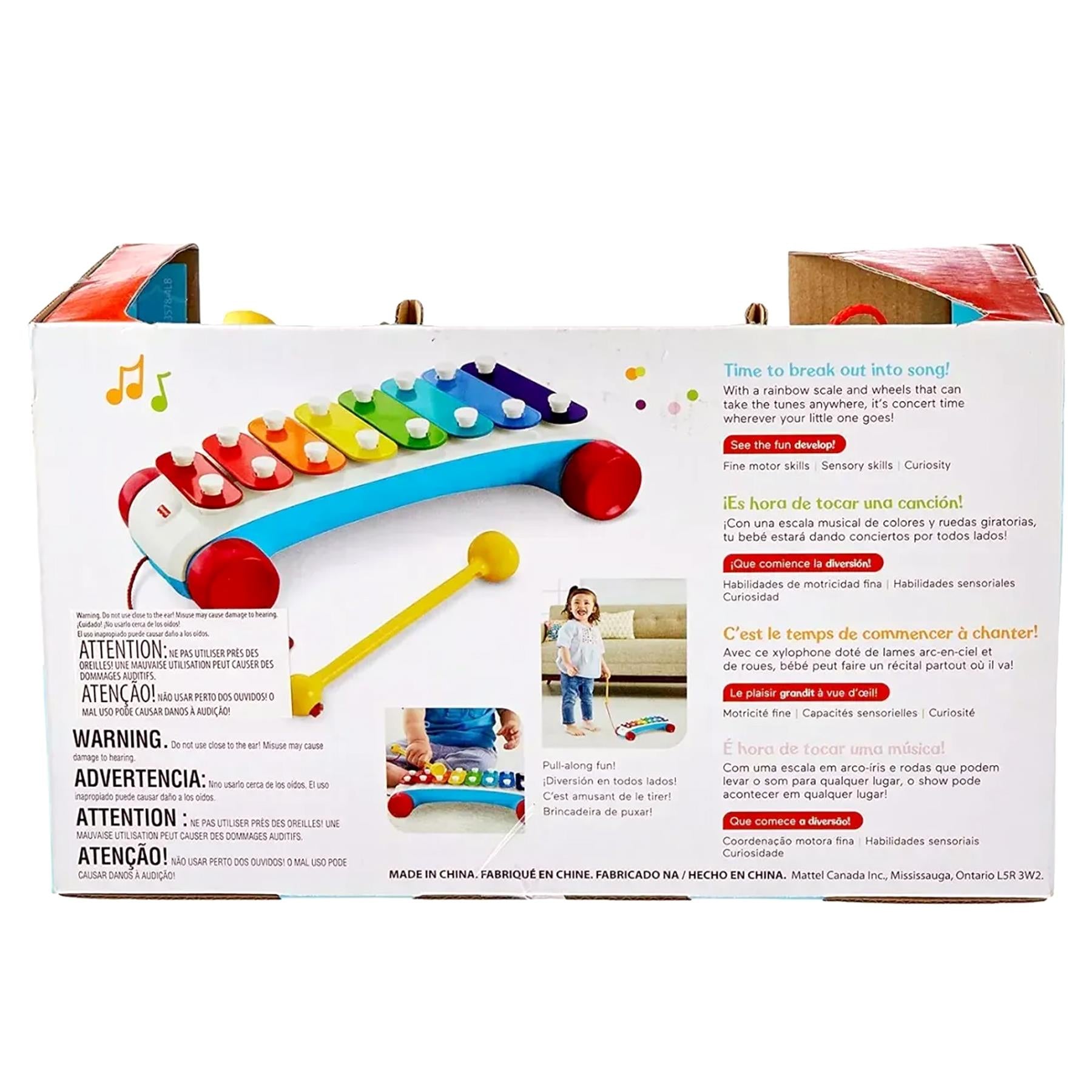Fisher-Price pull toy xylophone with colorful bars and a structured, attached pulling mechanism.