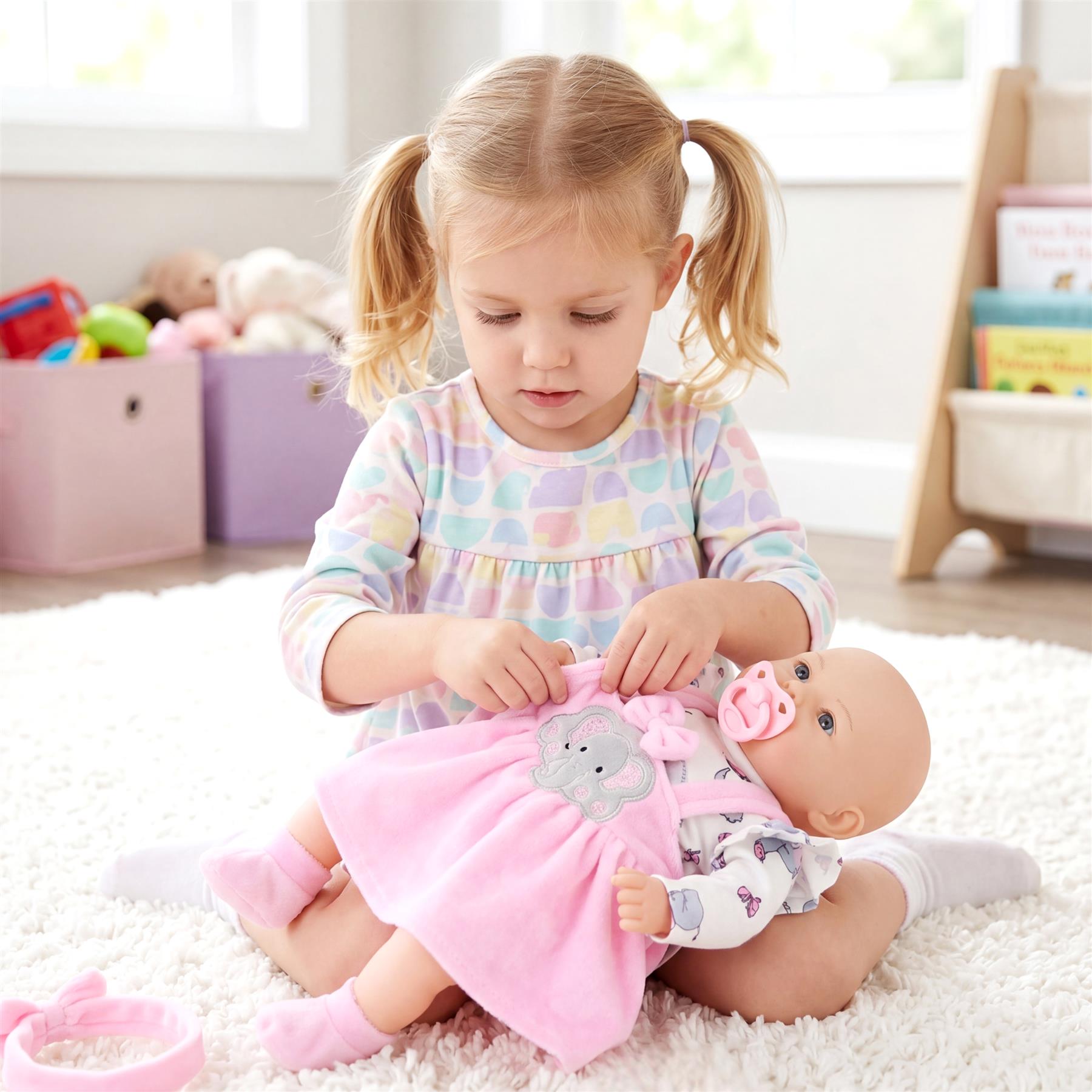 A girl kneels, interacting with a large doll dressed in a pink outfit.