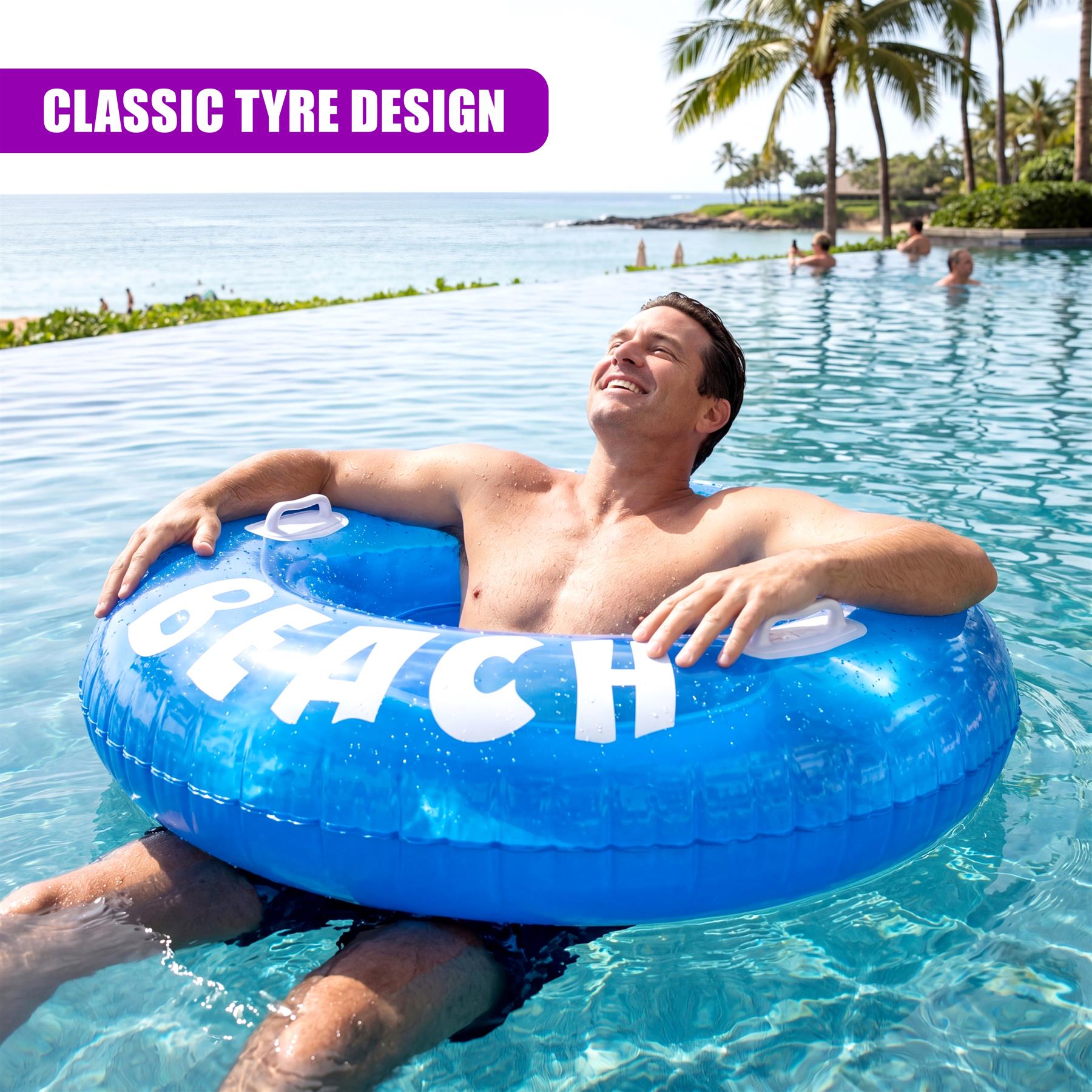 Man floats in a pool on a blue inflatable ring that reads "BEACH" near tropical trees.