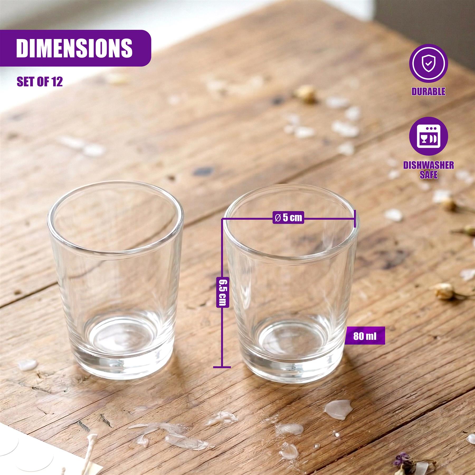 Graphic details the dimensions of small, clear glasses, measuring 5 cm in diameter and 6.5 cm in height.