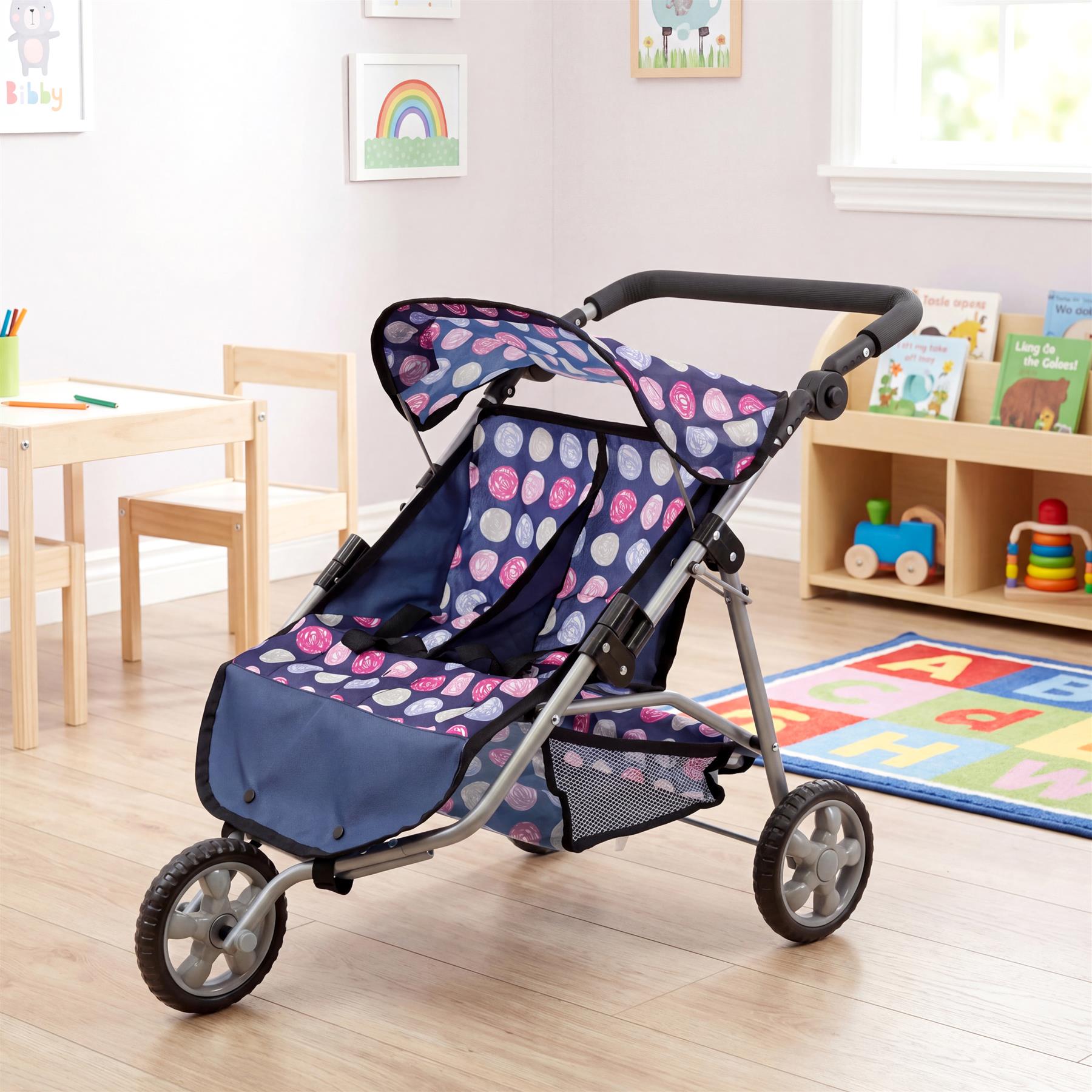 3 Wheeler Twin Doll's Pushchair, Blue