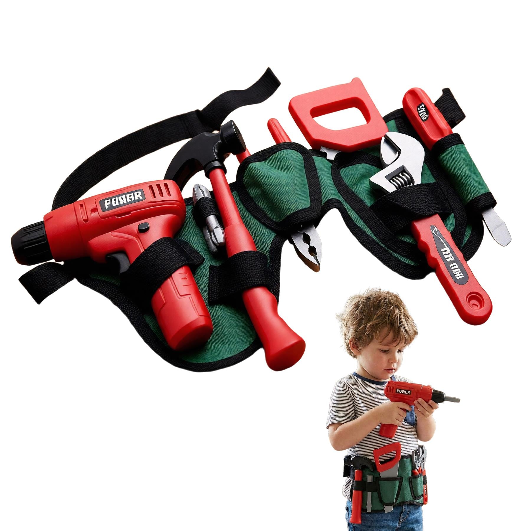 "Young boy playing with tool set and work belt." - The Magic Toy Shop