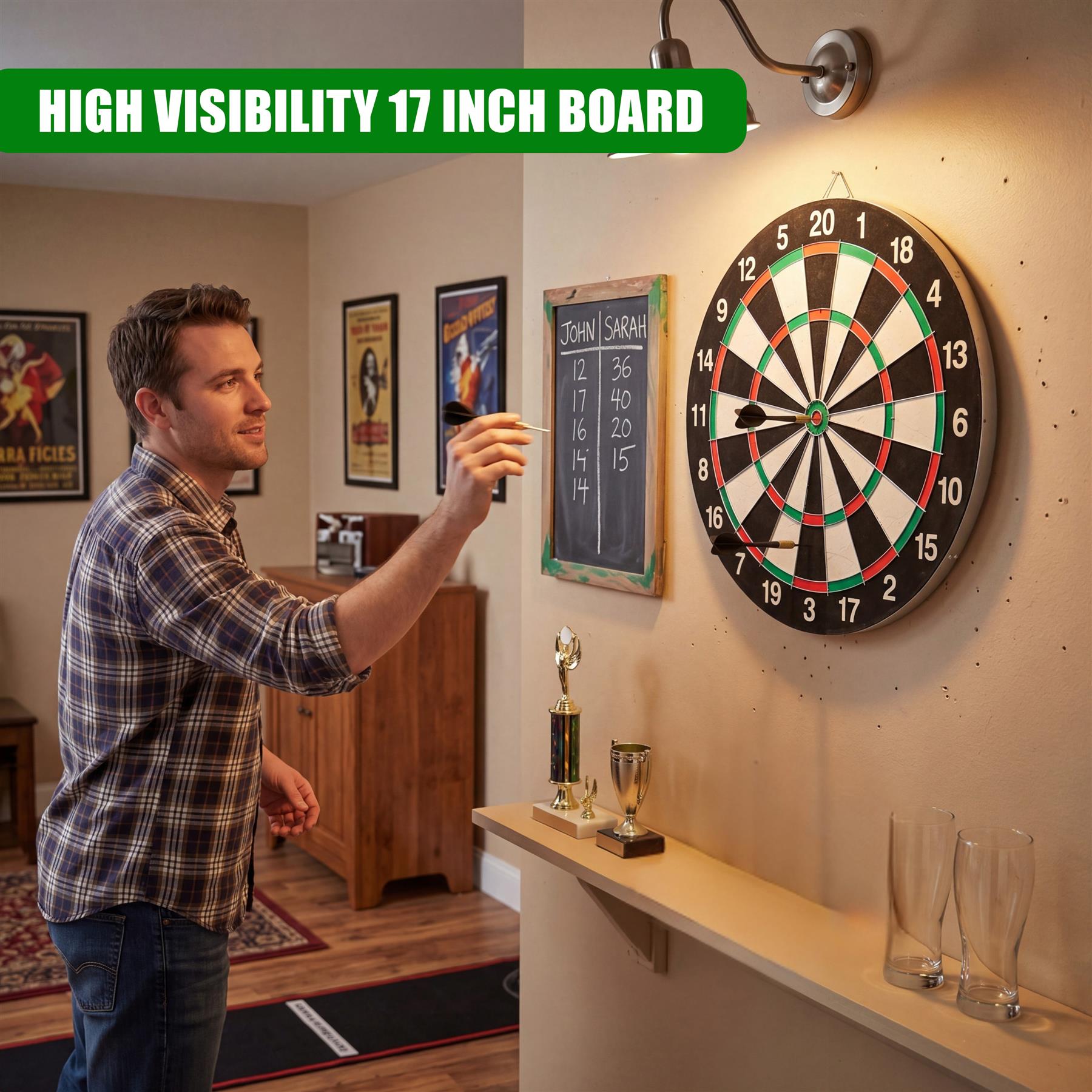 A man throws a dart at a large, double-sided dartboard mounted on the wall.