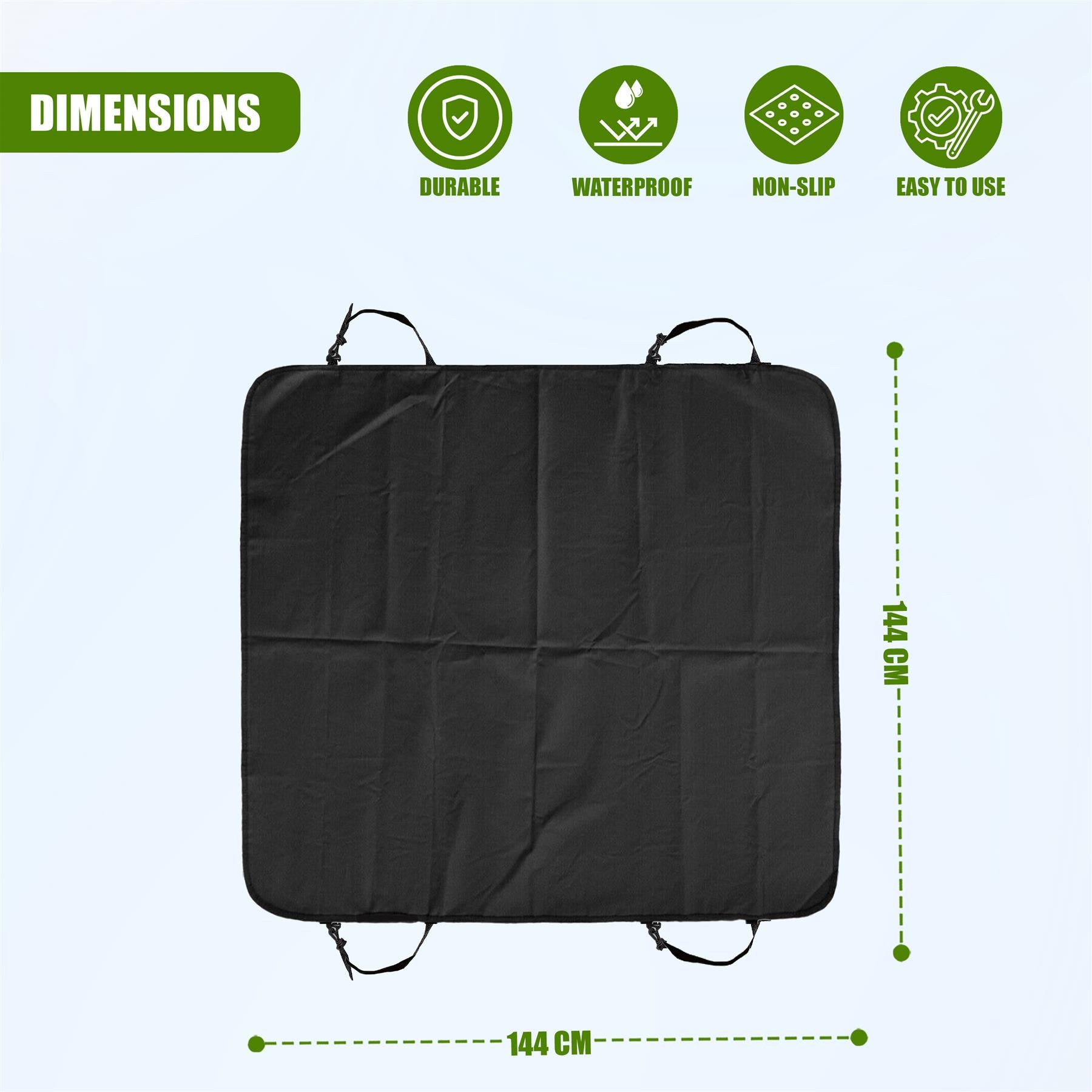 Rectangular black pet car seat cover with straps. Dimensions are displayed as 144 cm by 144 cm.
