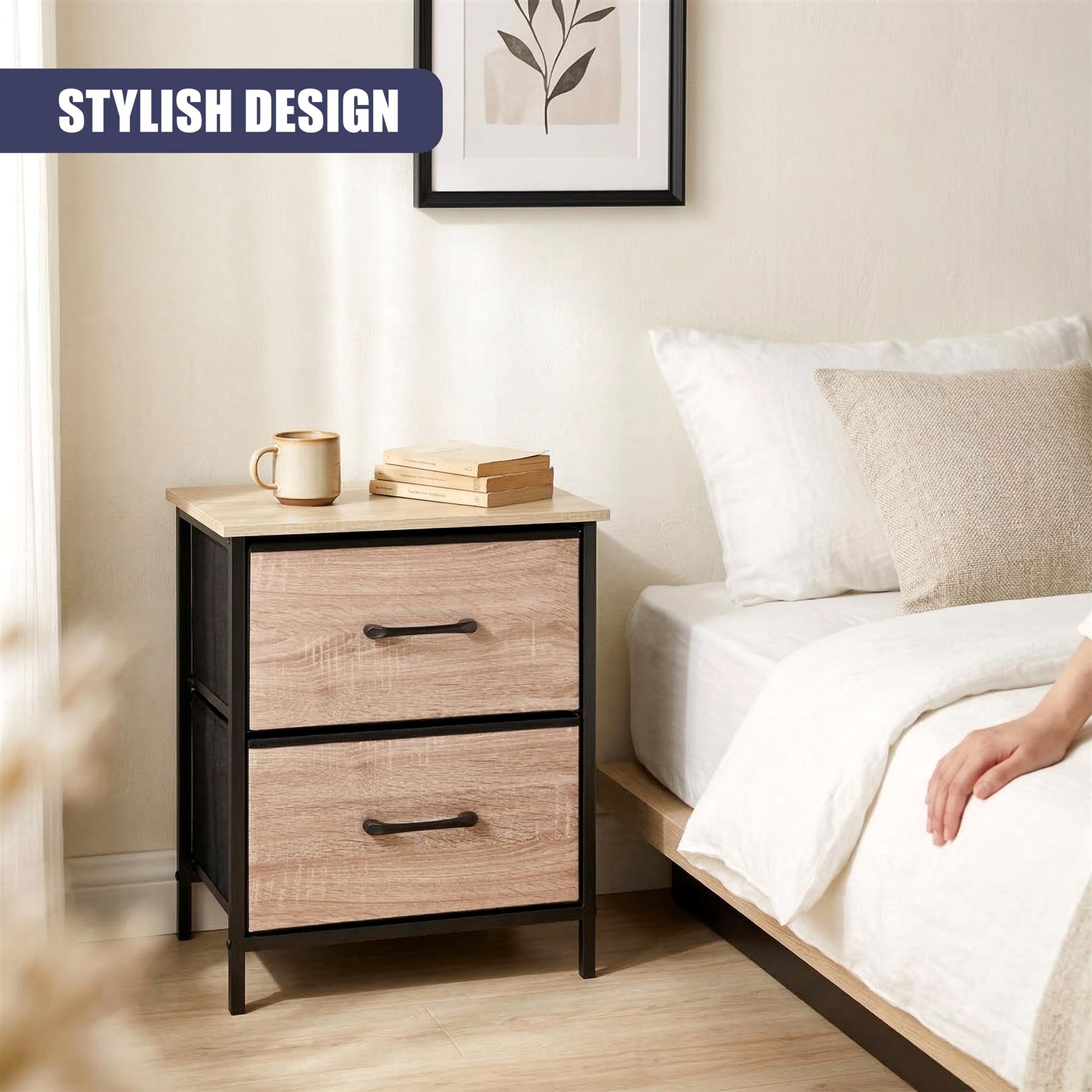 Modern, two-drawer bedside table with a black frame and light wood-grain drawers.