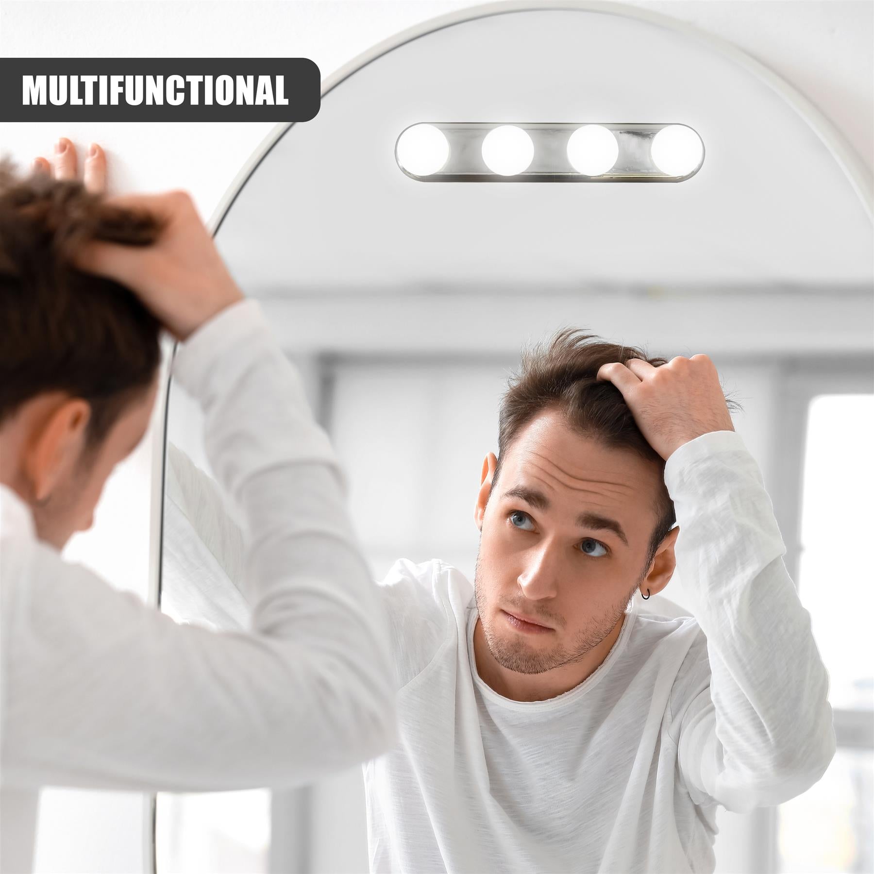 man styling hair at vanity mirror - The Magic Toy Shop