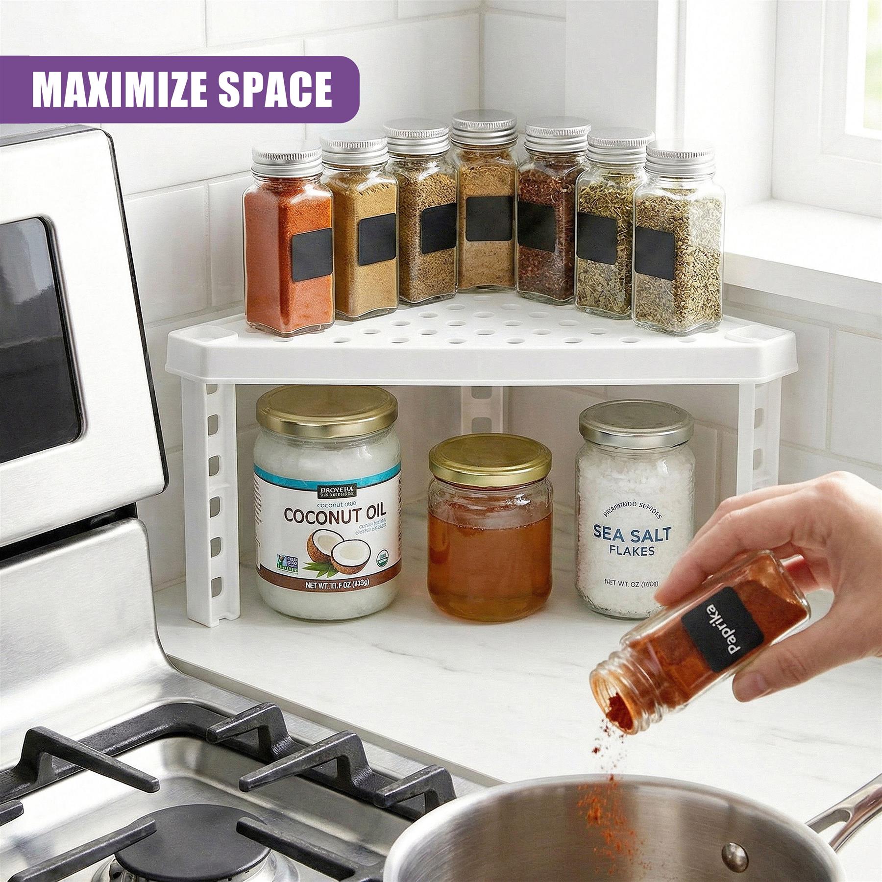 A white shelf insert holds spice jars on a counter where paprika is being sprinkled into a pan.