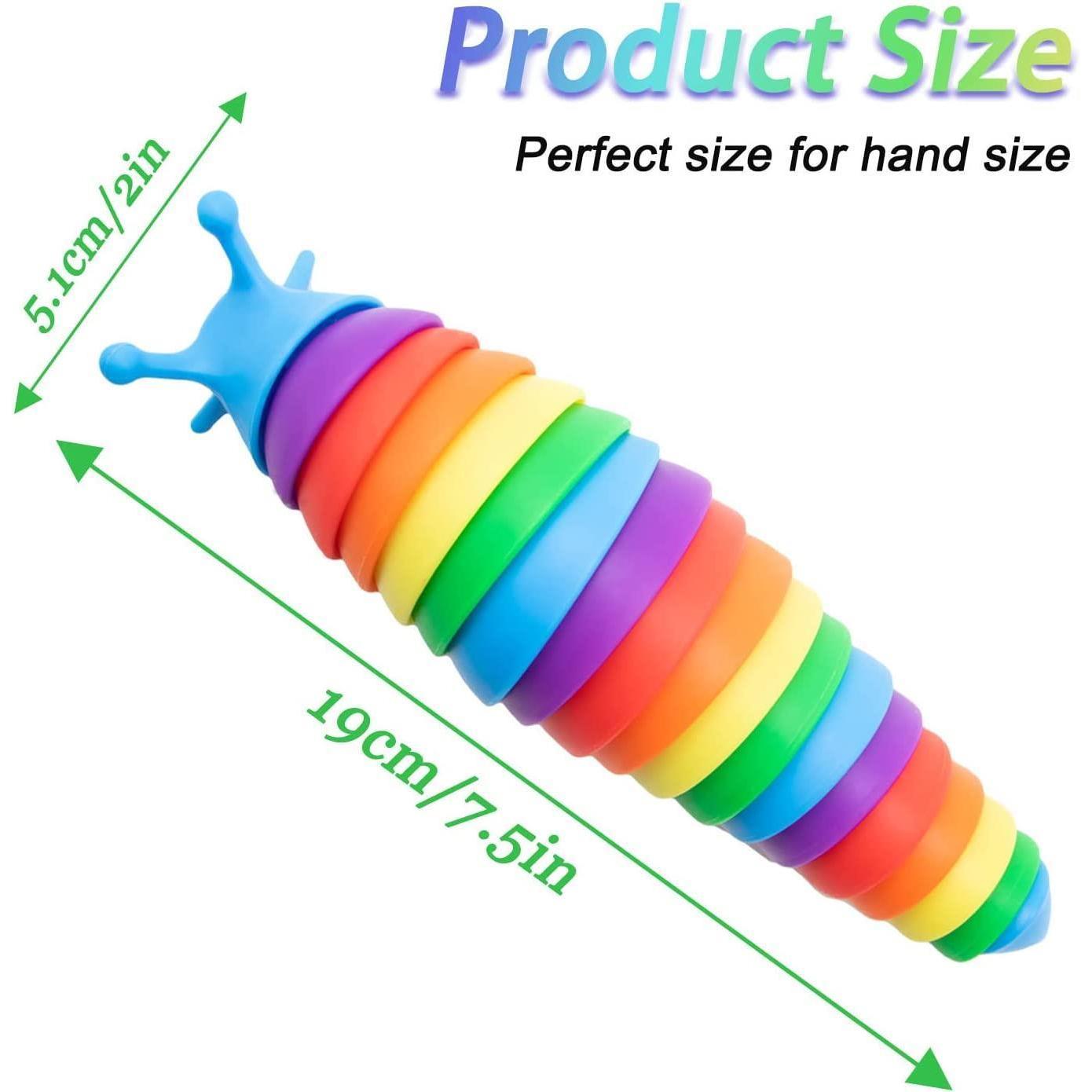 Colorful, segmented fidget toy shown with size guides, measuring approximately 19 centimeters long.