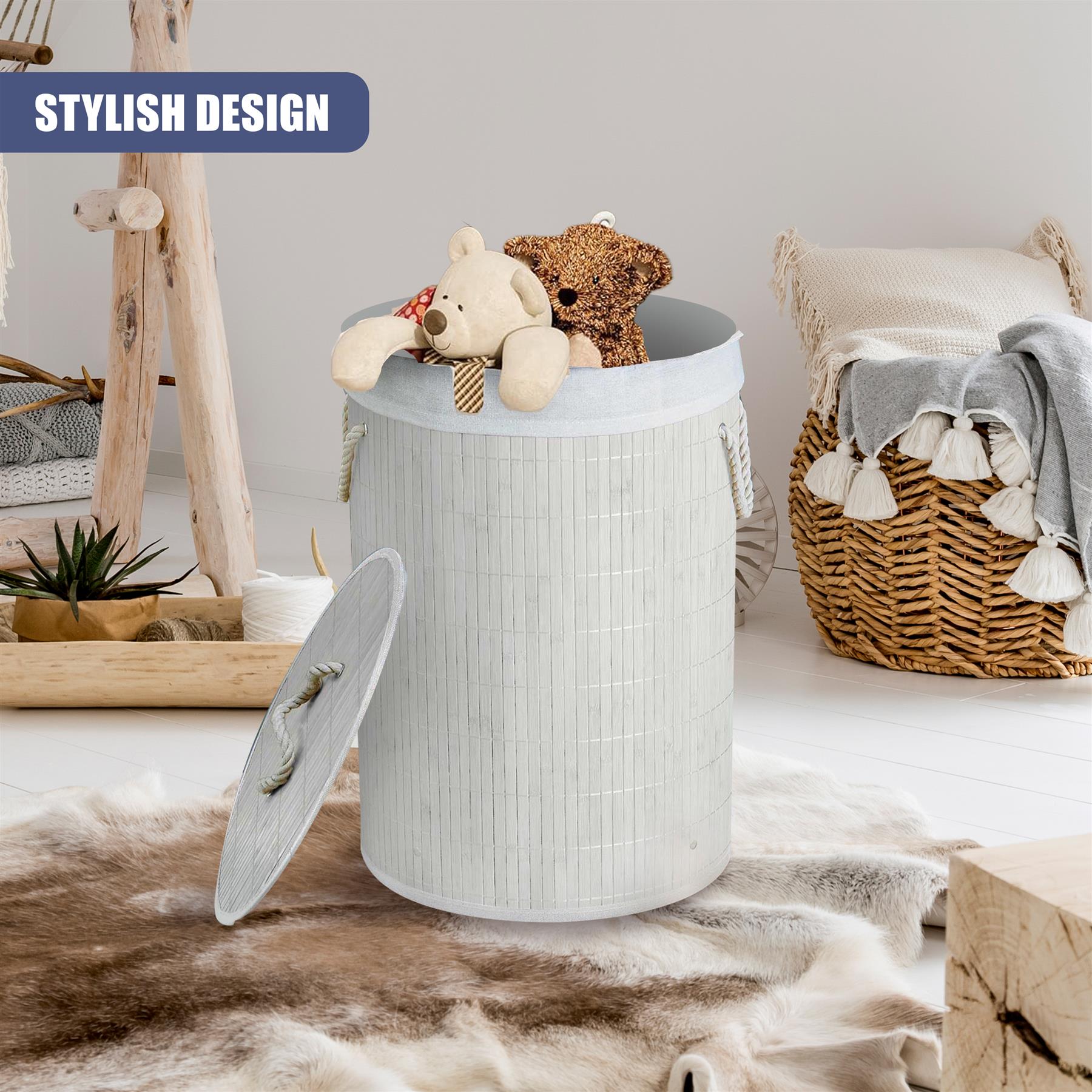 Round Bamboo Laundry Hamper with Lid, White by GEEZY - The Magic Toy Shop
