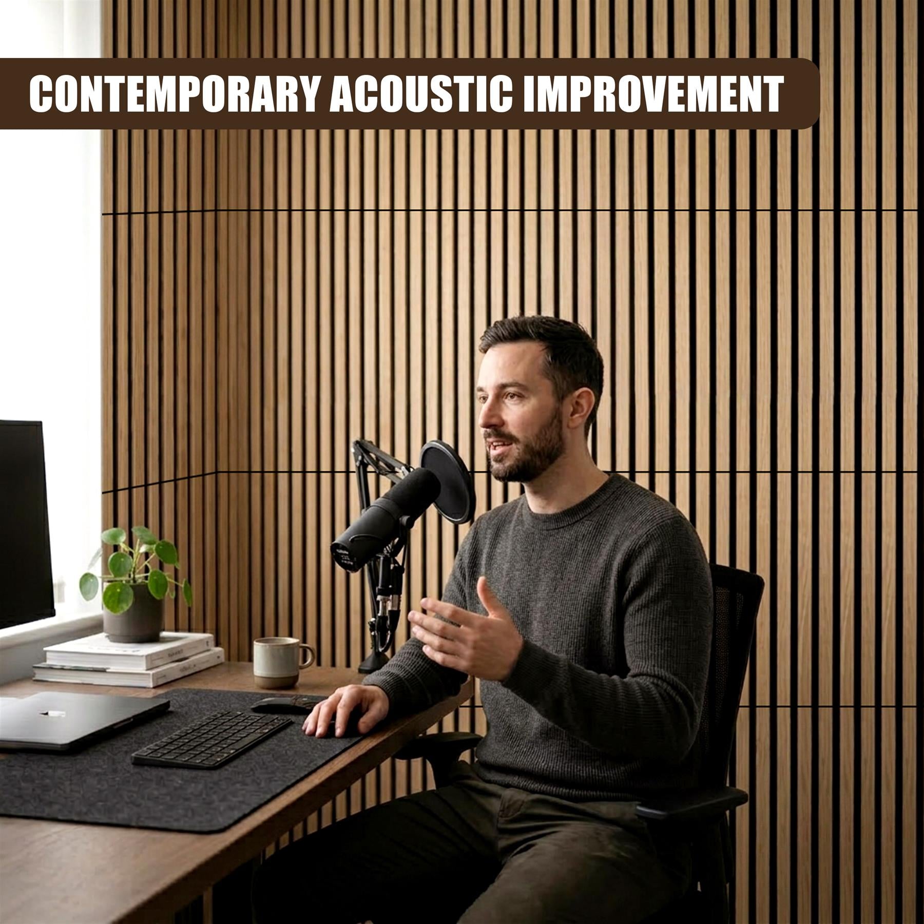 Vertical wooden slats cover the wall behind a man seated and working at a desk.