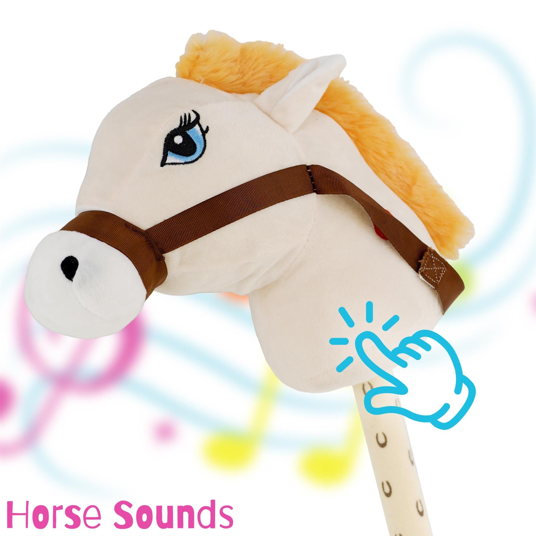 A close-up of a plush cream hobby horse's head with a brown bridle, featuring blue eyes and a fluffy orange mane, set against a colorful musical background. It shows a hand pressing on the horse's neck, indicating interactive horse sounds. Perfect for imaginative play and role-playing, available at themagictoyshop.