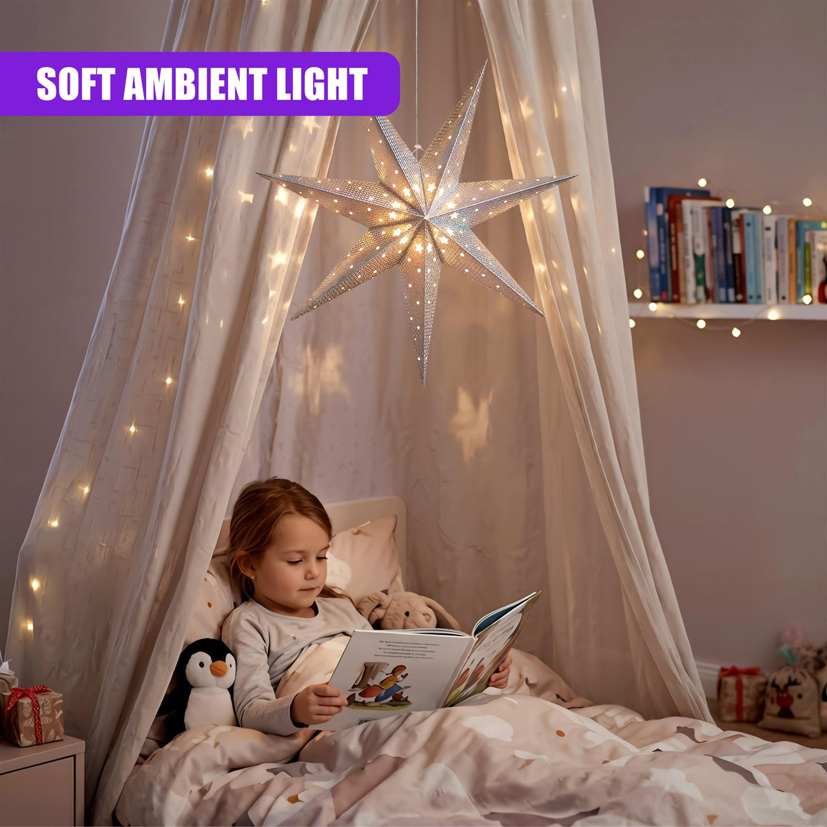 A young girl reads a book under a star lantern in a cosy bedroom setting
