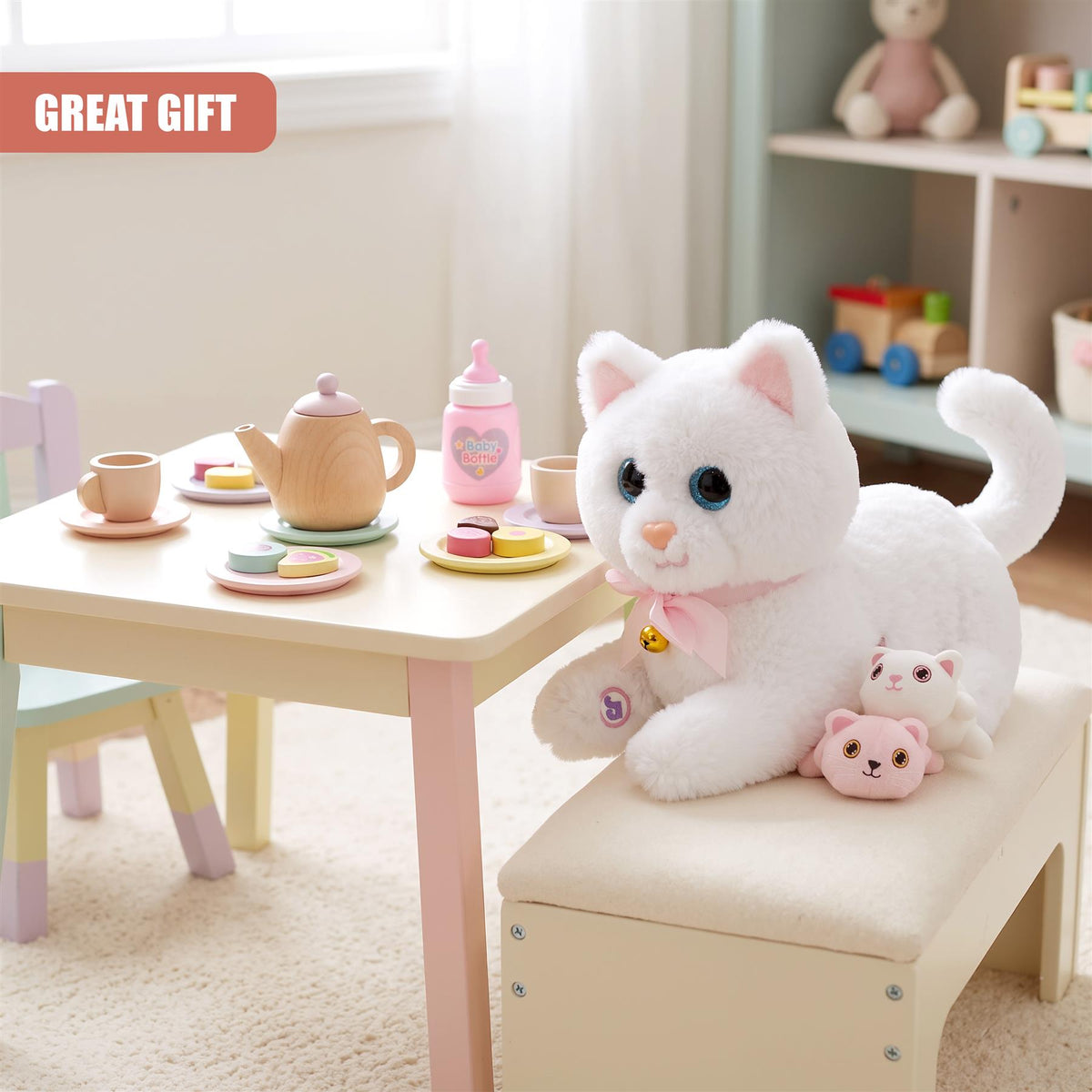 Interactive Plush Cat with 2 Kittens and Sounds
