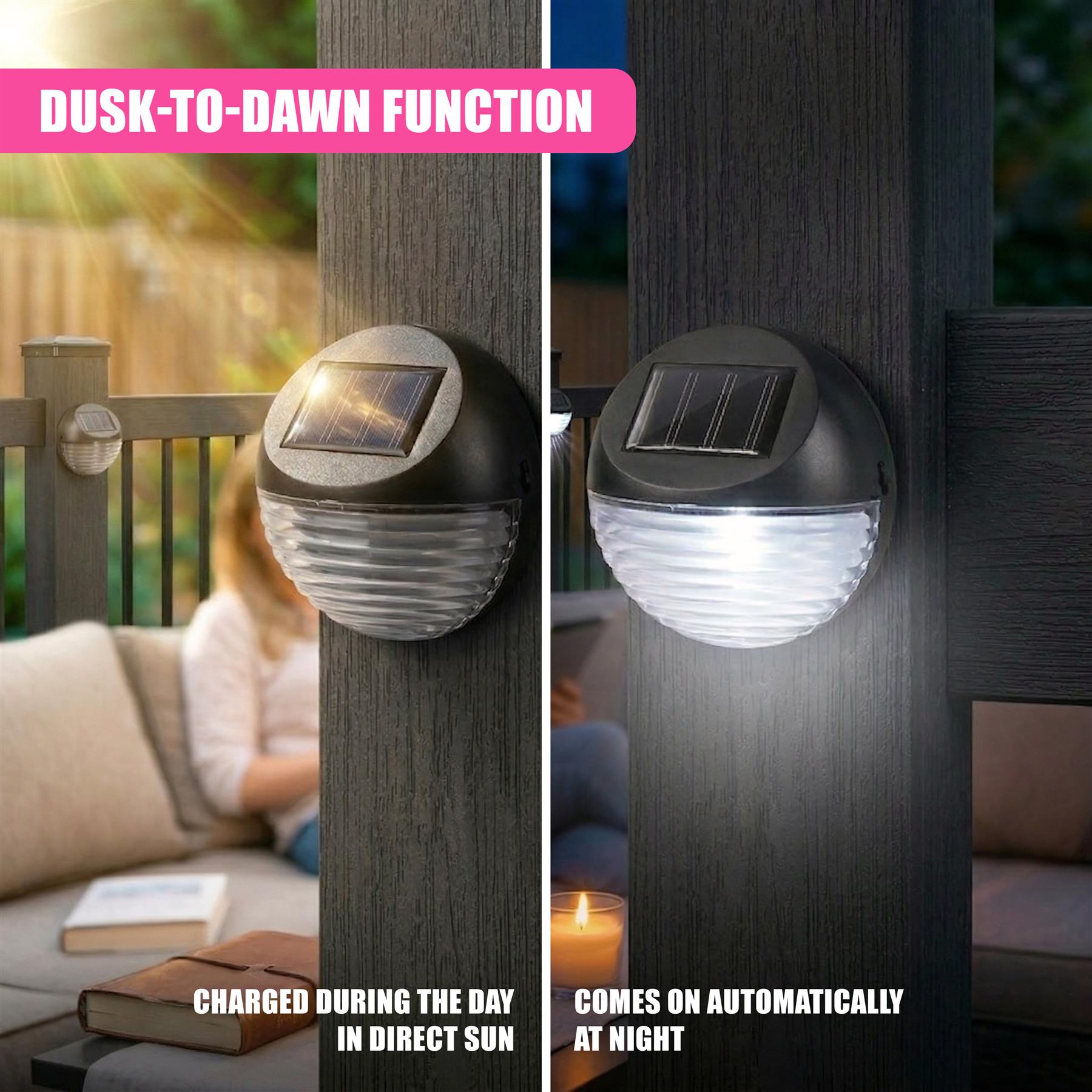 Black solar-powered LED lights mounted on dark posts, providing cold white illumination at night.