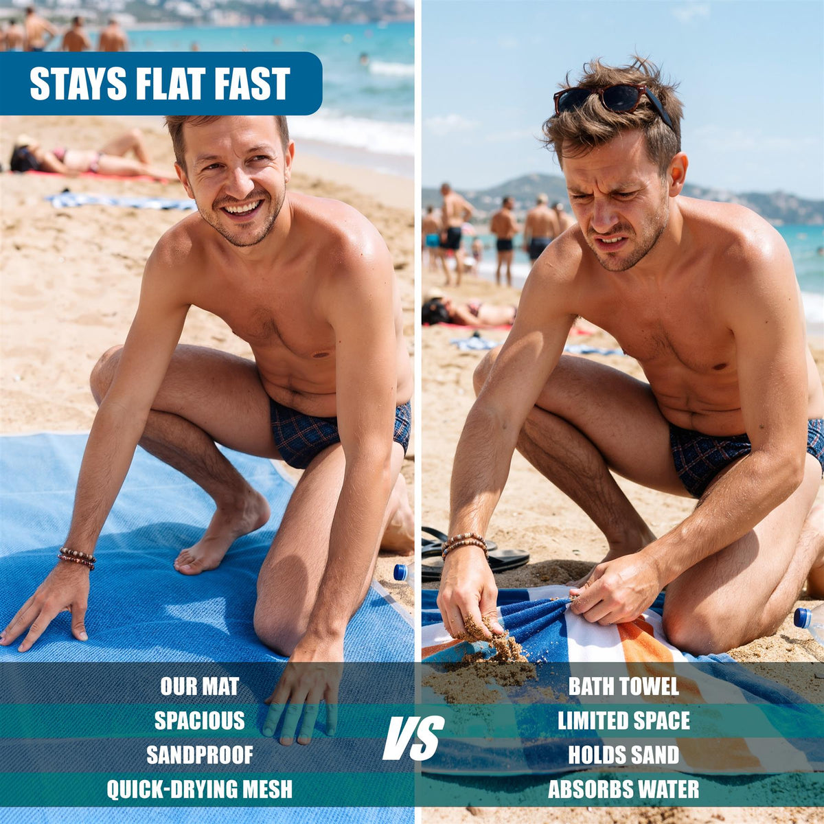 Blue GEEZY beach mat shown on a sunny beach, comparing it to a traditional bath towel