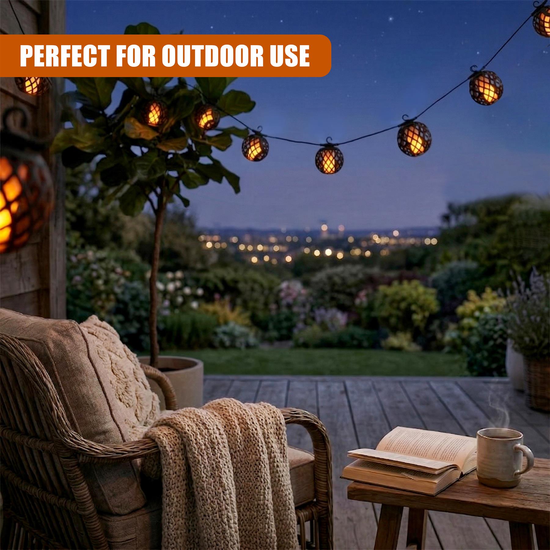 Solar string lights decorate an outdoor patio scene with a chair, book, and mug.