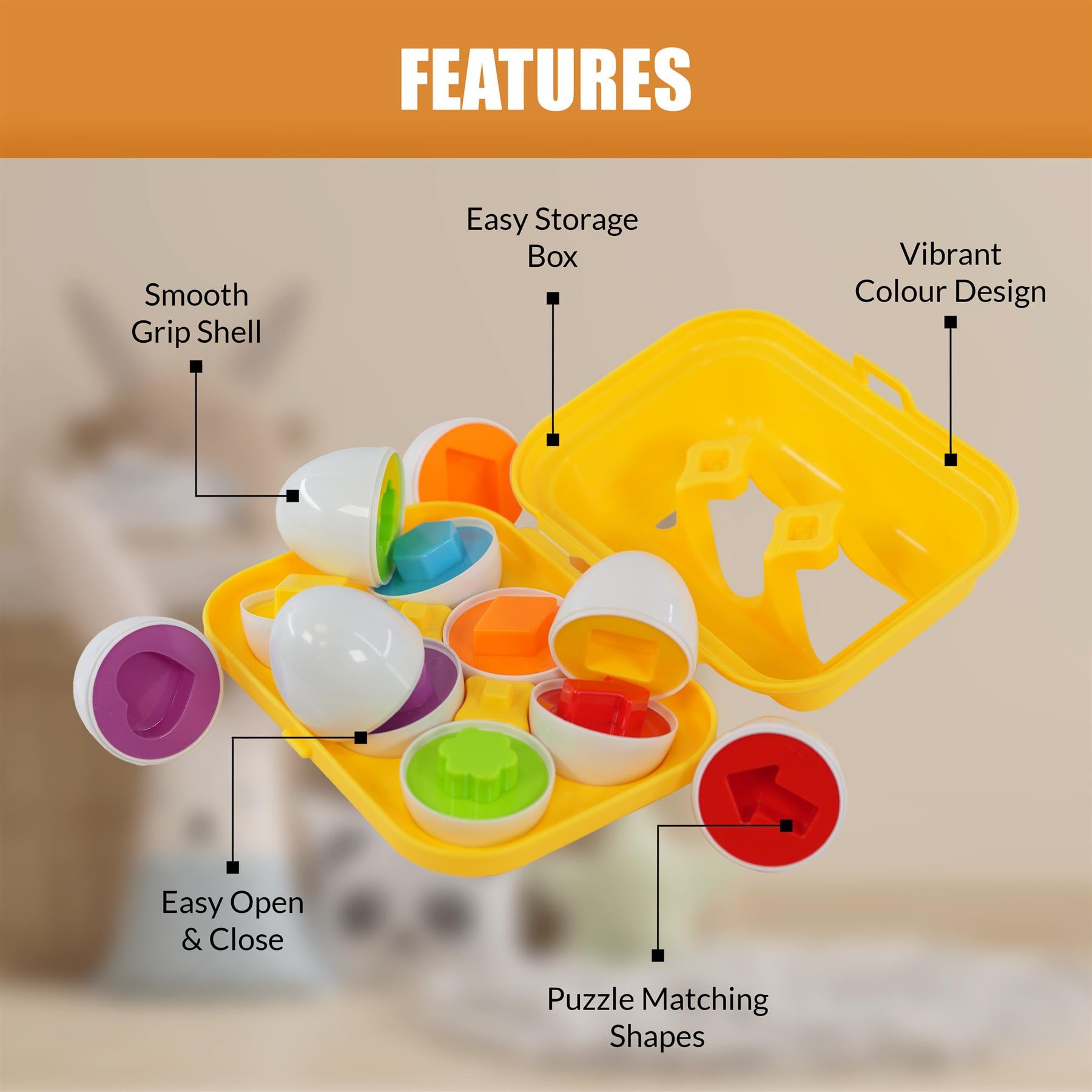 "The Magic Toy Shop's Matching Eggs Toy featuring sorting by shape and color."