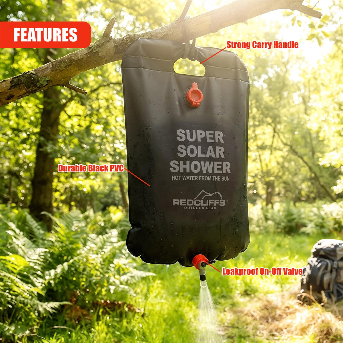 Solar Shower Bag shows a black PVC container with a carry handle and spray nozzle