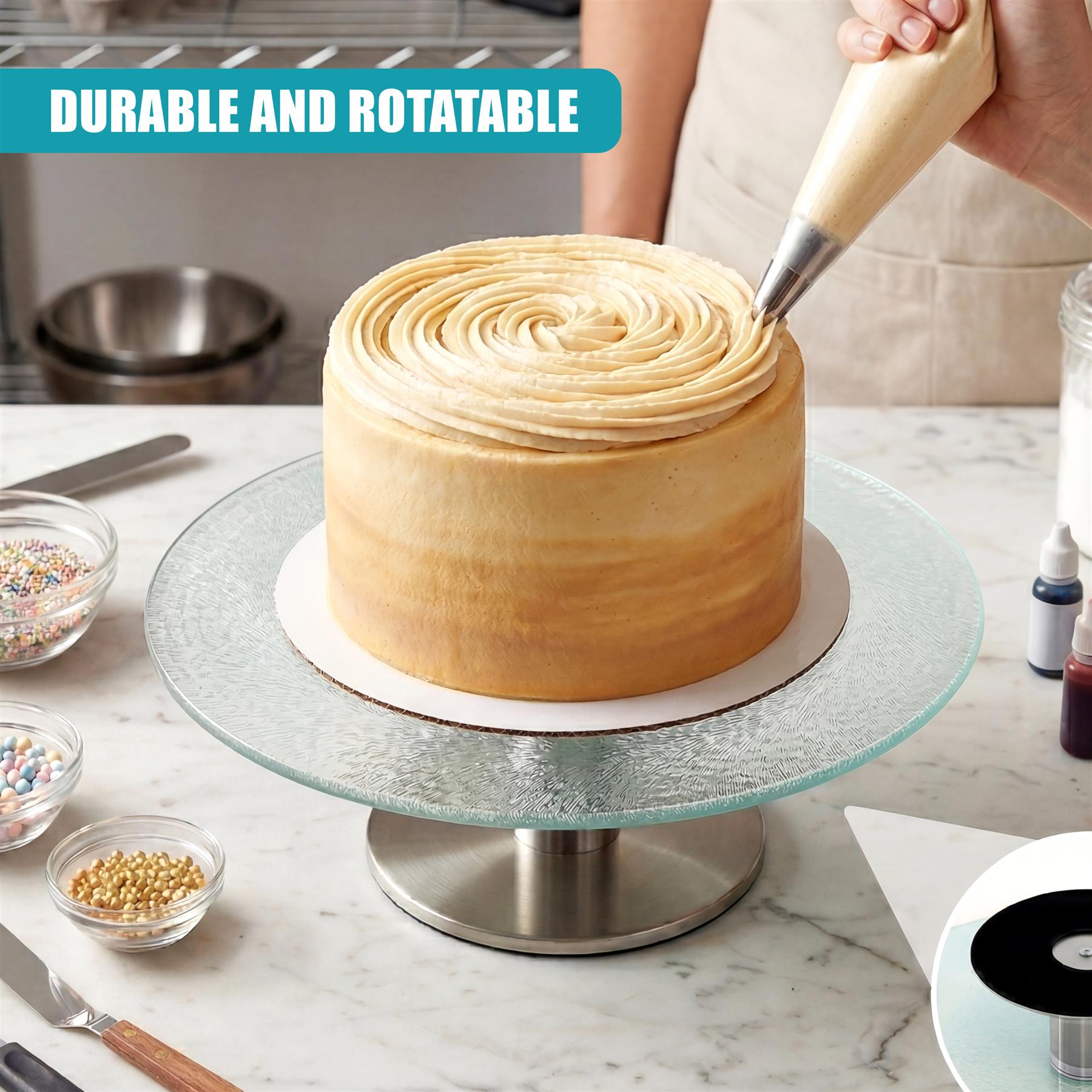 Glass cake stand displaying a round cake, surrounded by bowls of colorful sprinkles and nuts.