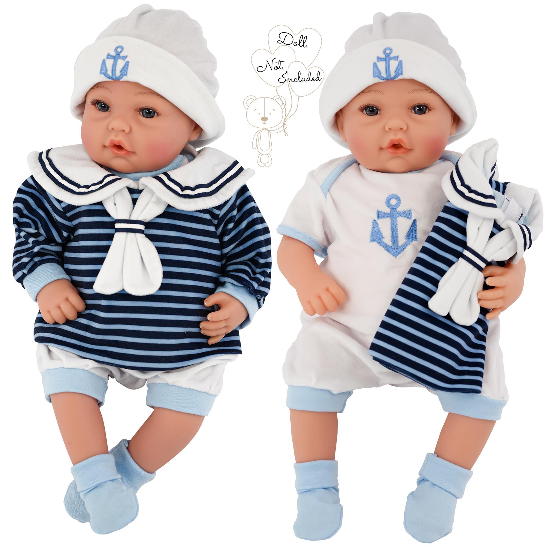 Two dolls wearing sailor outfits: striped caps, striped shirts, and white clothing with anchor details.