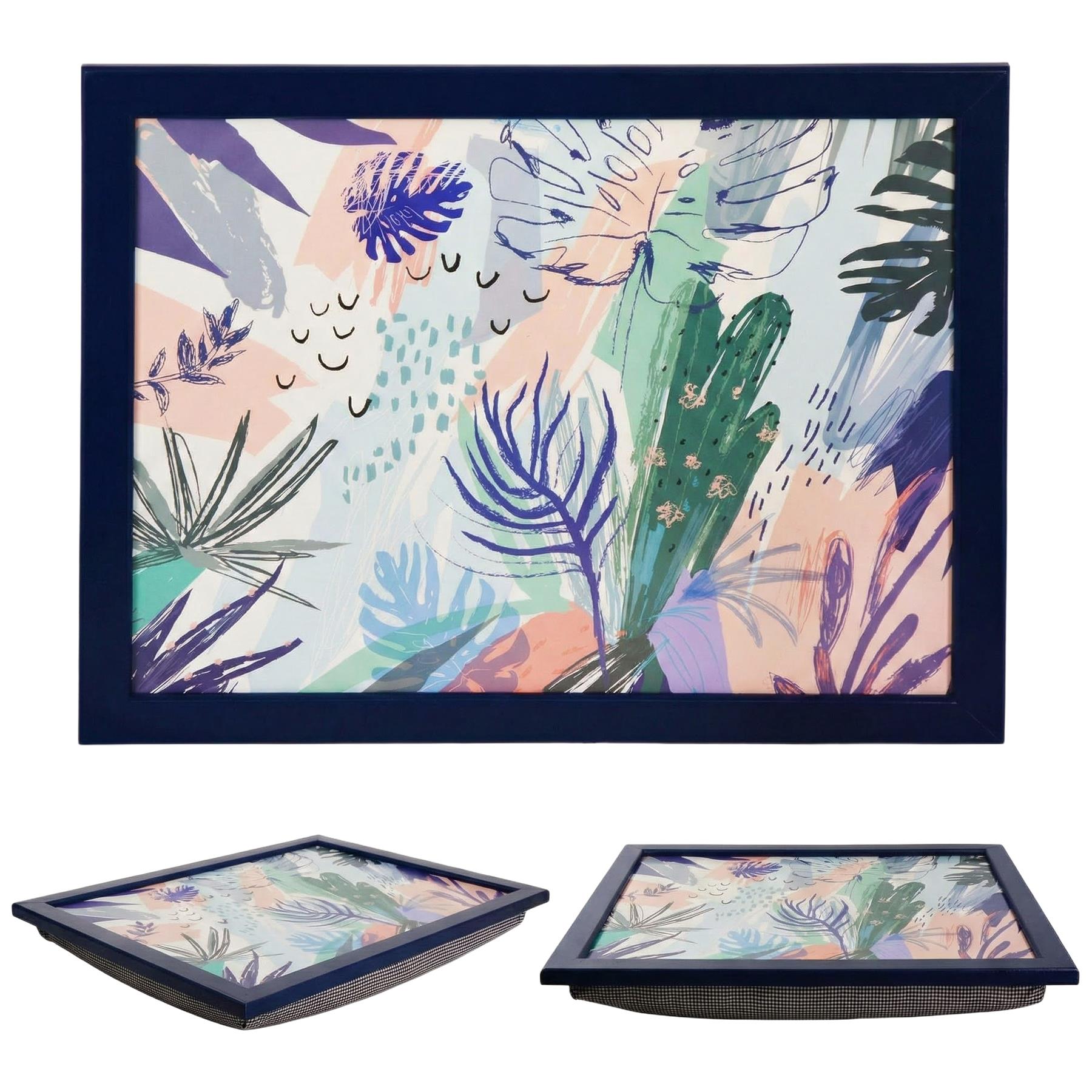 Flowery laptop tray for travel and comfort, designed to look like a tropical forest, featuring a blue frame around the tray. - The Magic Toy Shop