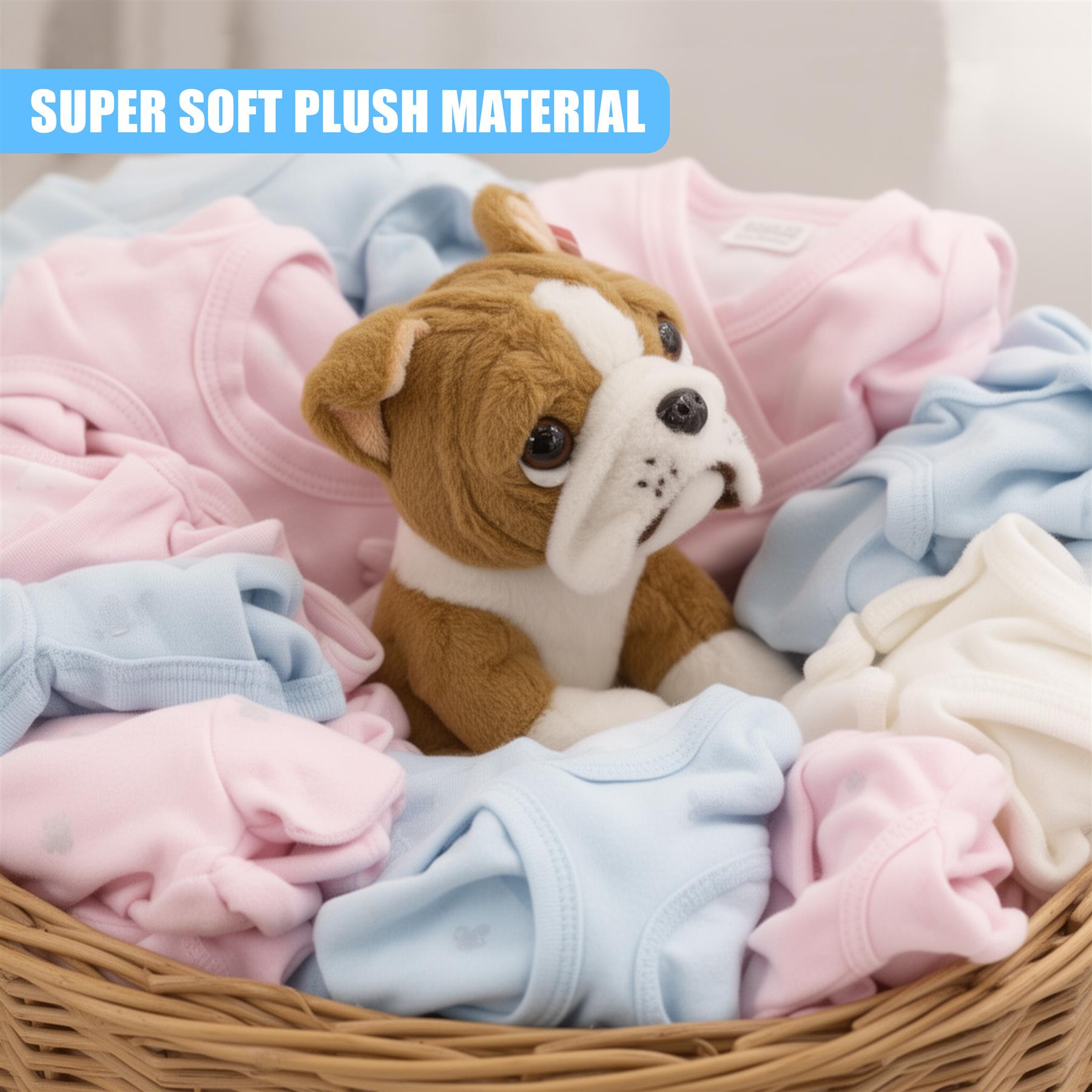 Plush British Bulldog toy resting among folded pastel baby clothes inside a woven basket.