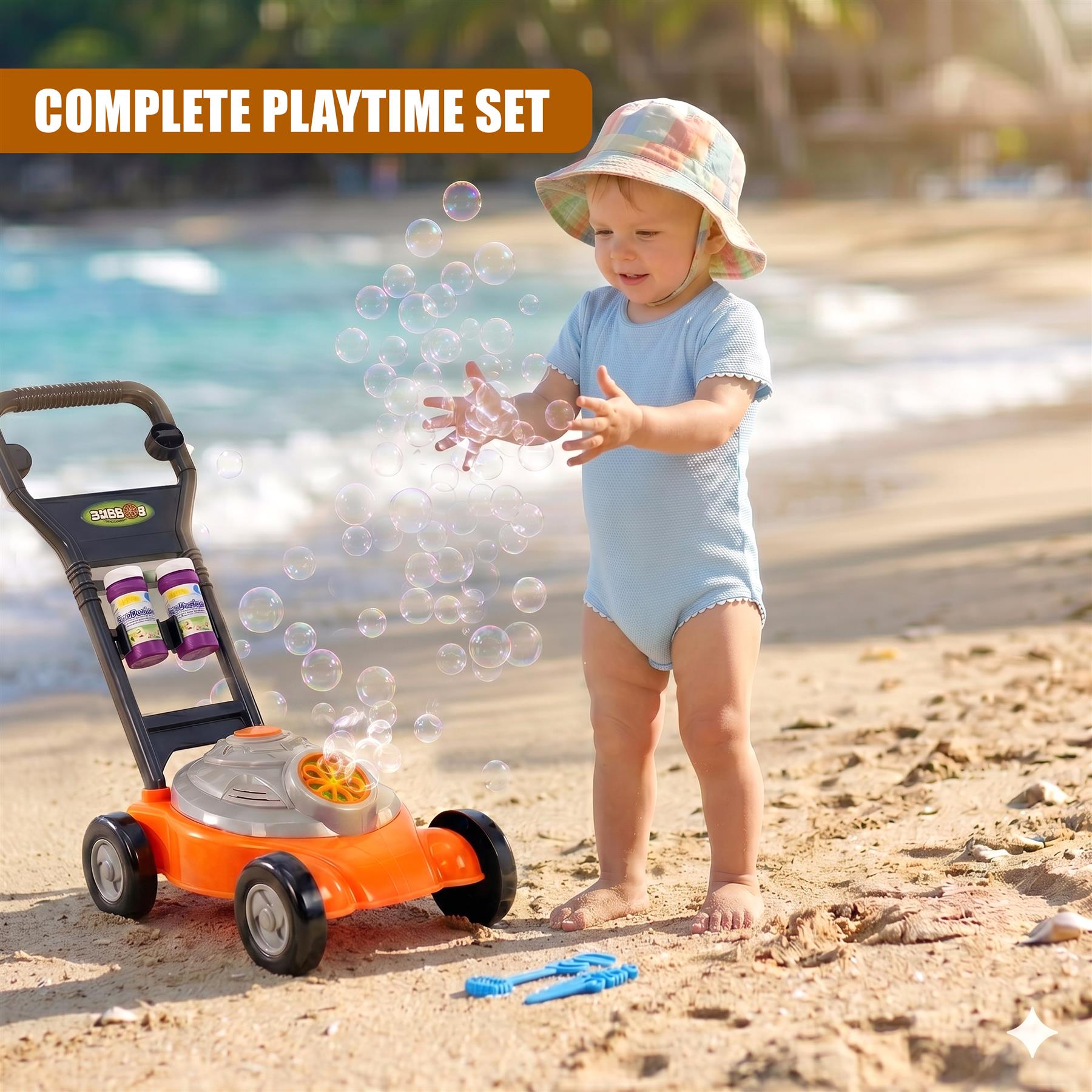 Orange toy bubble mower with cartridges sits on sand near a child blowing bubbles at the beach.