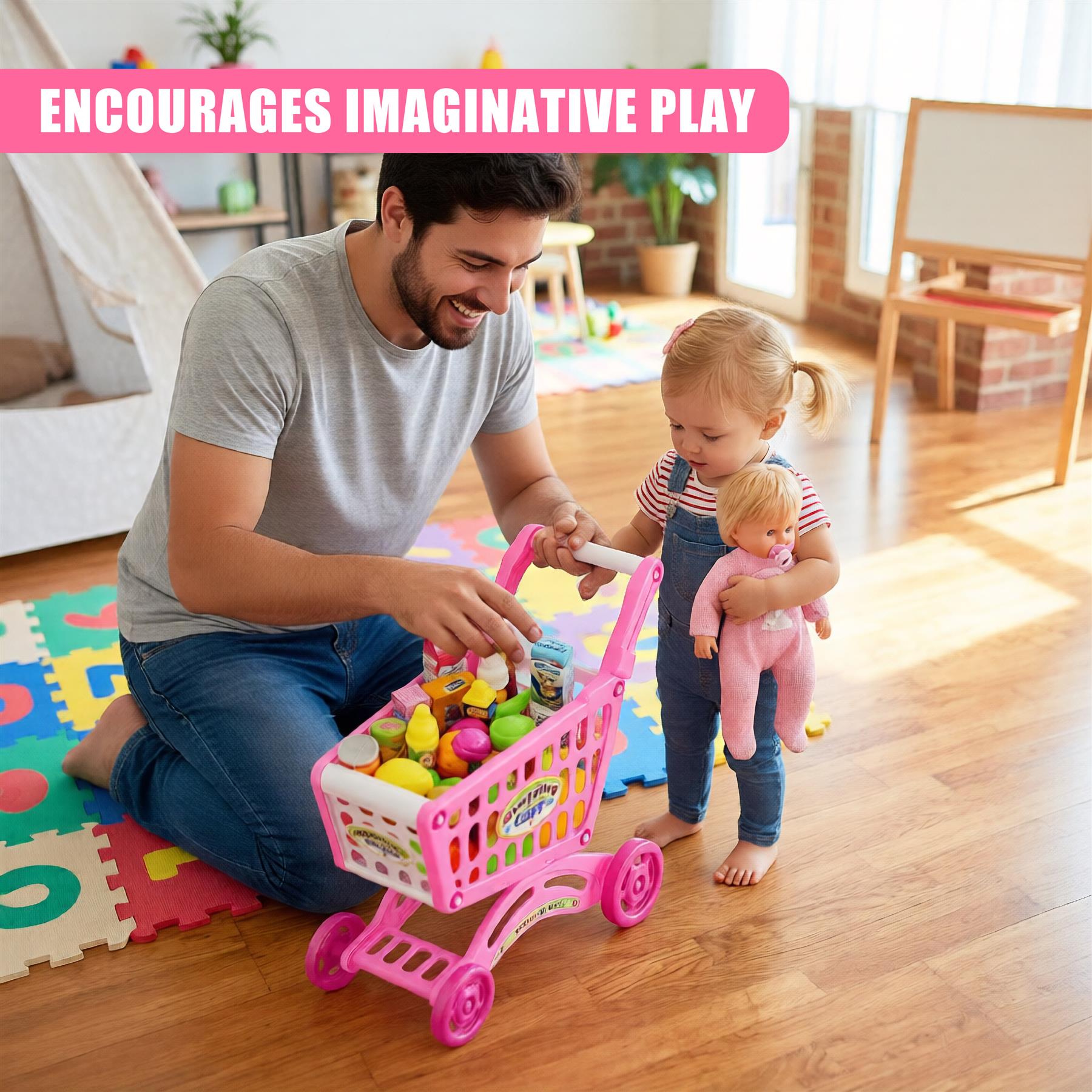 A family playing with a pink shopping cart toy. - The Magic Toy Shop