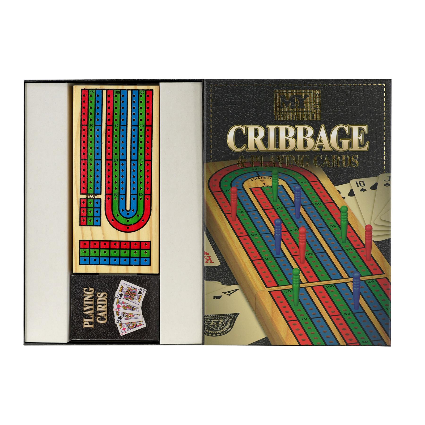 Cribbage board game components including pegs, card slots, and a deck of playing cards.