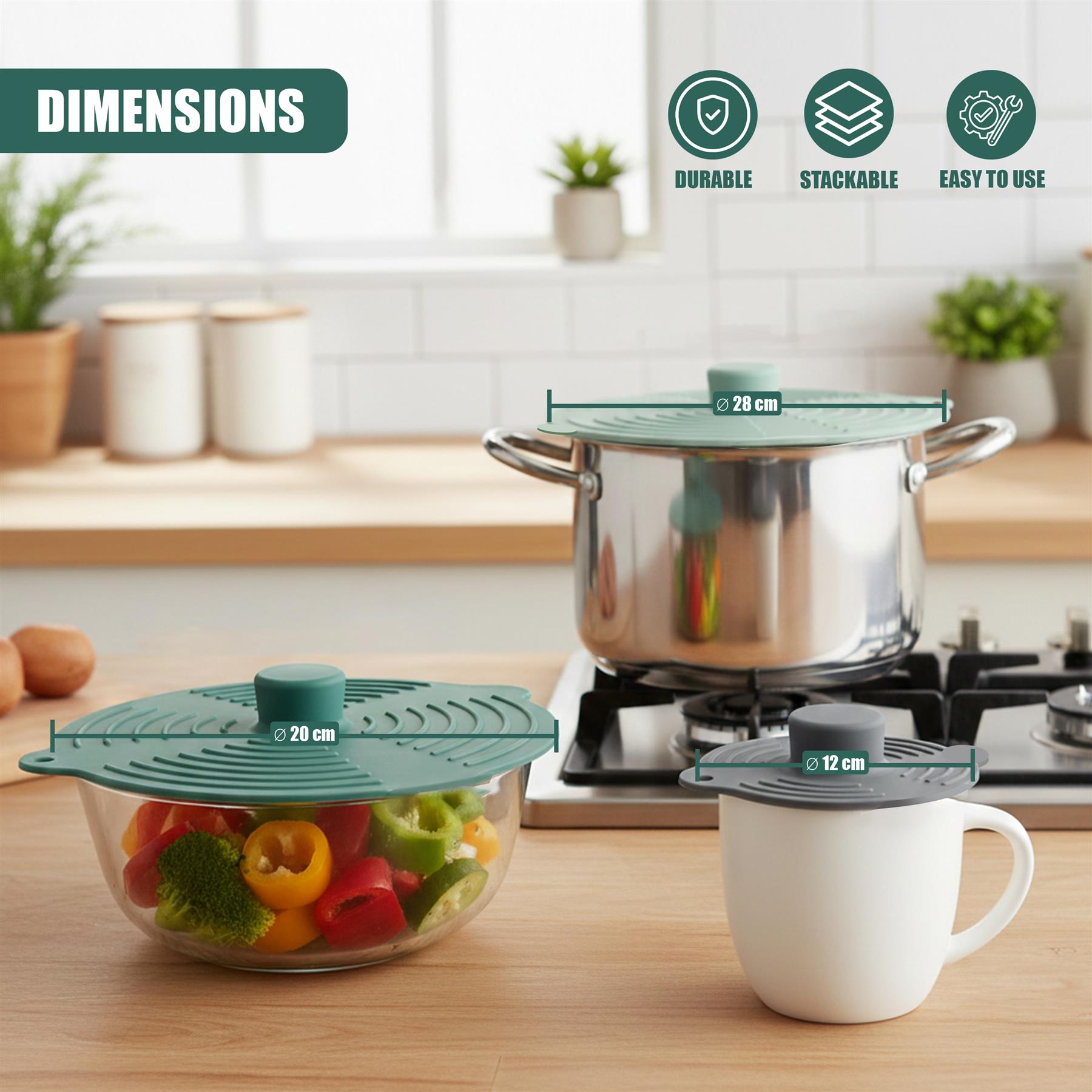 Three silicone lids sized for a pot, a bowl, and a mug are displayed together on a kitchen counter.