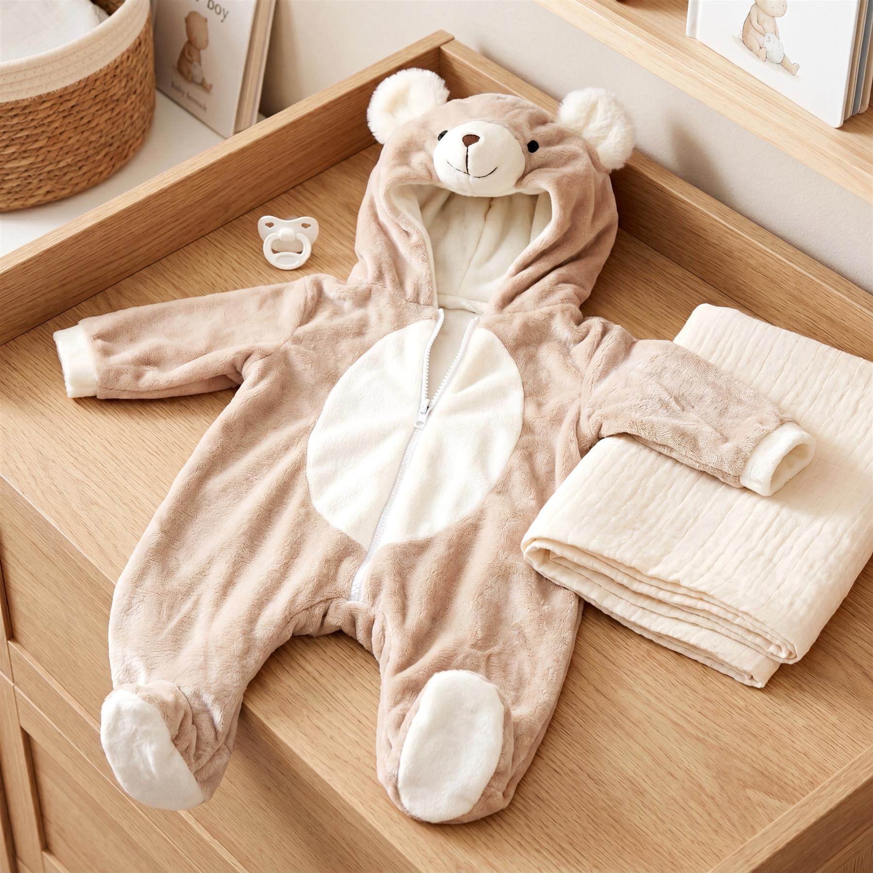Brown bear romper outfit displayed on wood with a pacifier and folded cloth.
