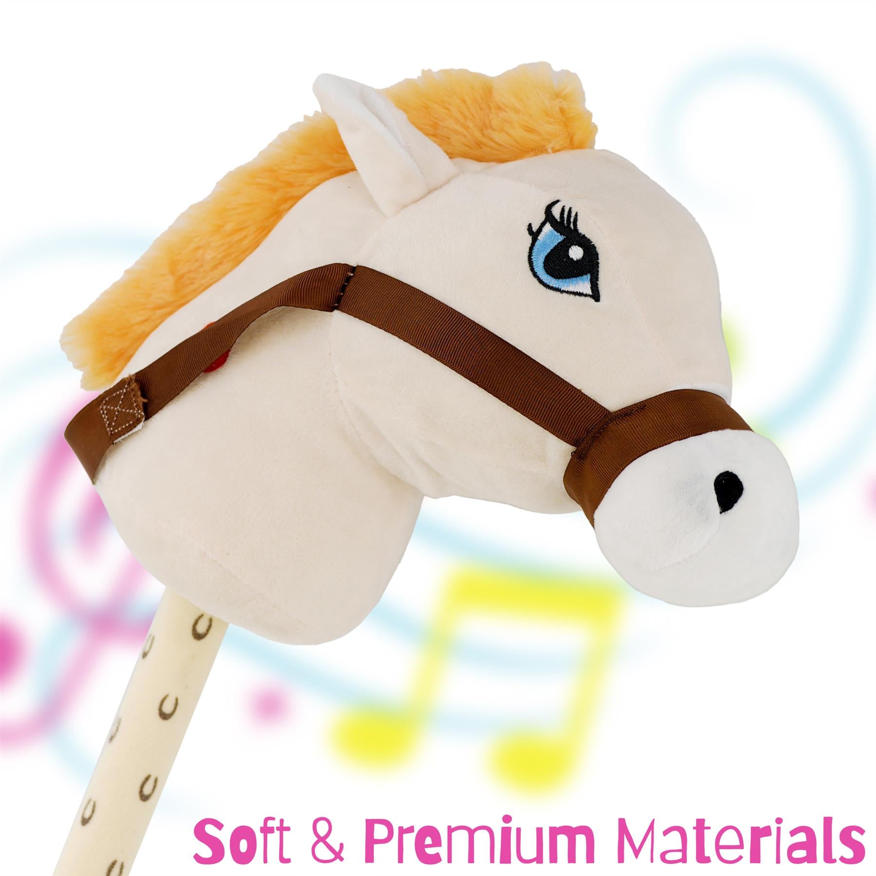 A close-up image of a plush cream hobby horse with a soft mane, featuring a brown harness and blue eyes. The background includes colorful musical notes, creating a playful ambiance. The product is made from soft and premium materials, ideal for imaginative play. themagictoyshop