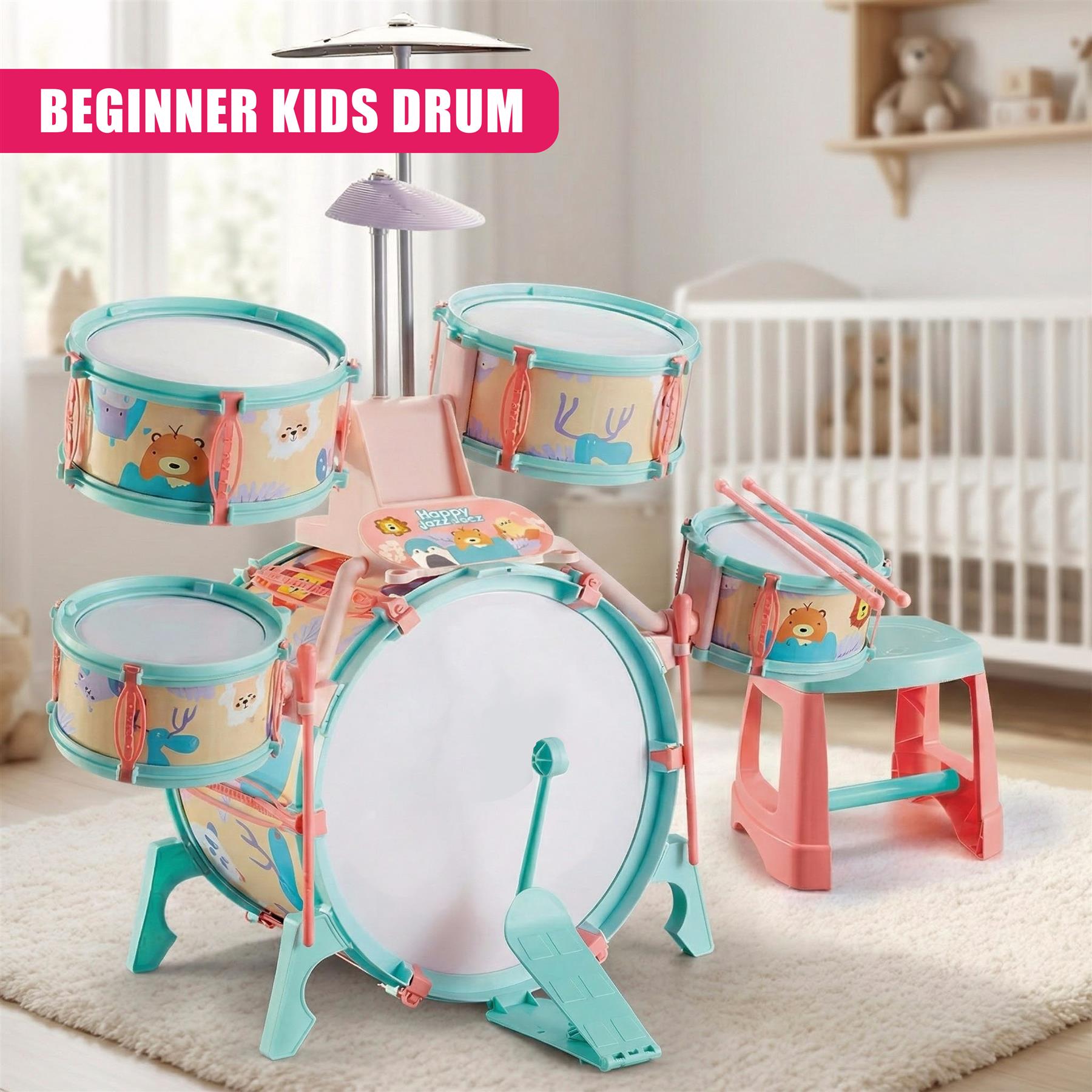 Pink and Green Multi functional Kids Jazz Drum Set 