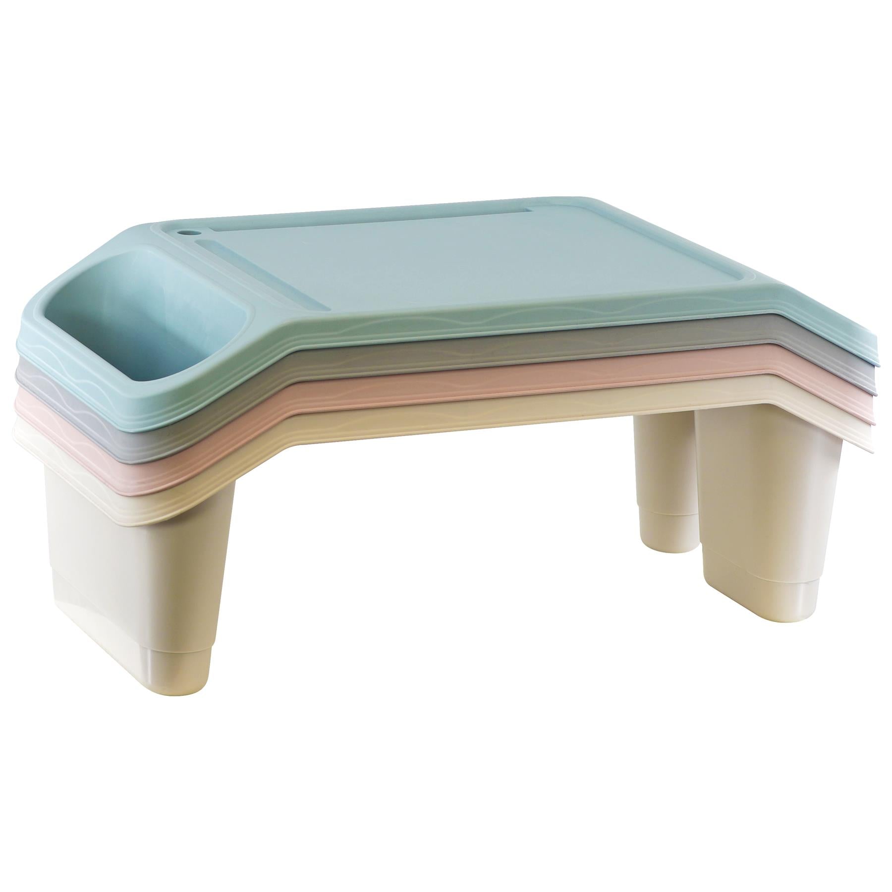 A stack of colorful, flat, rectangular trays with a built-in bowl on one side and a flat surface on the other, with four legs. - The Magic Toy Shop