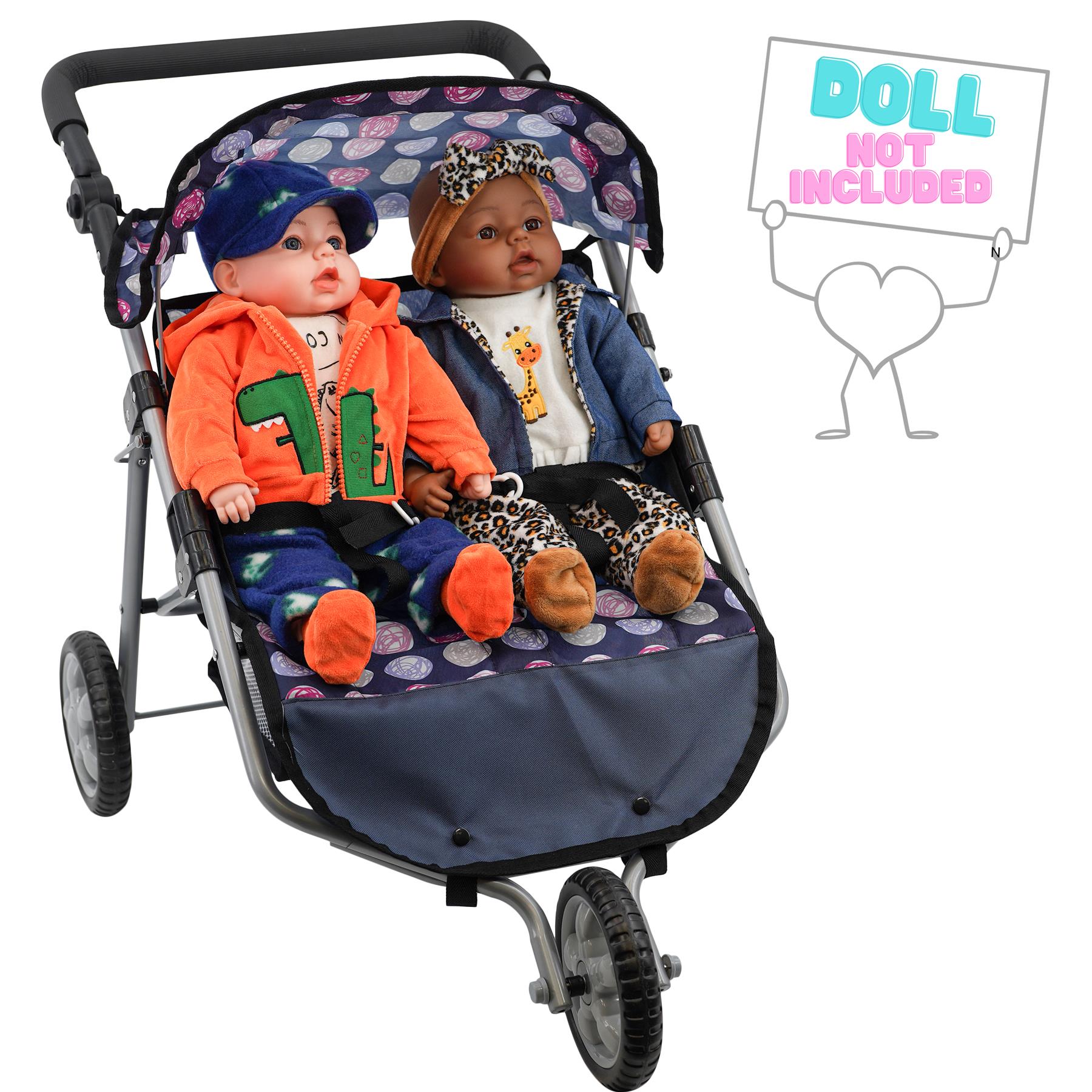 BLUE  3 WHEEL TWIN DOLLS STROLLER by BiBi Doll - The Magic Toy Shop