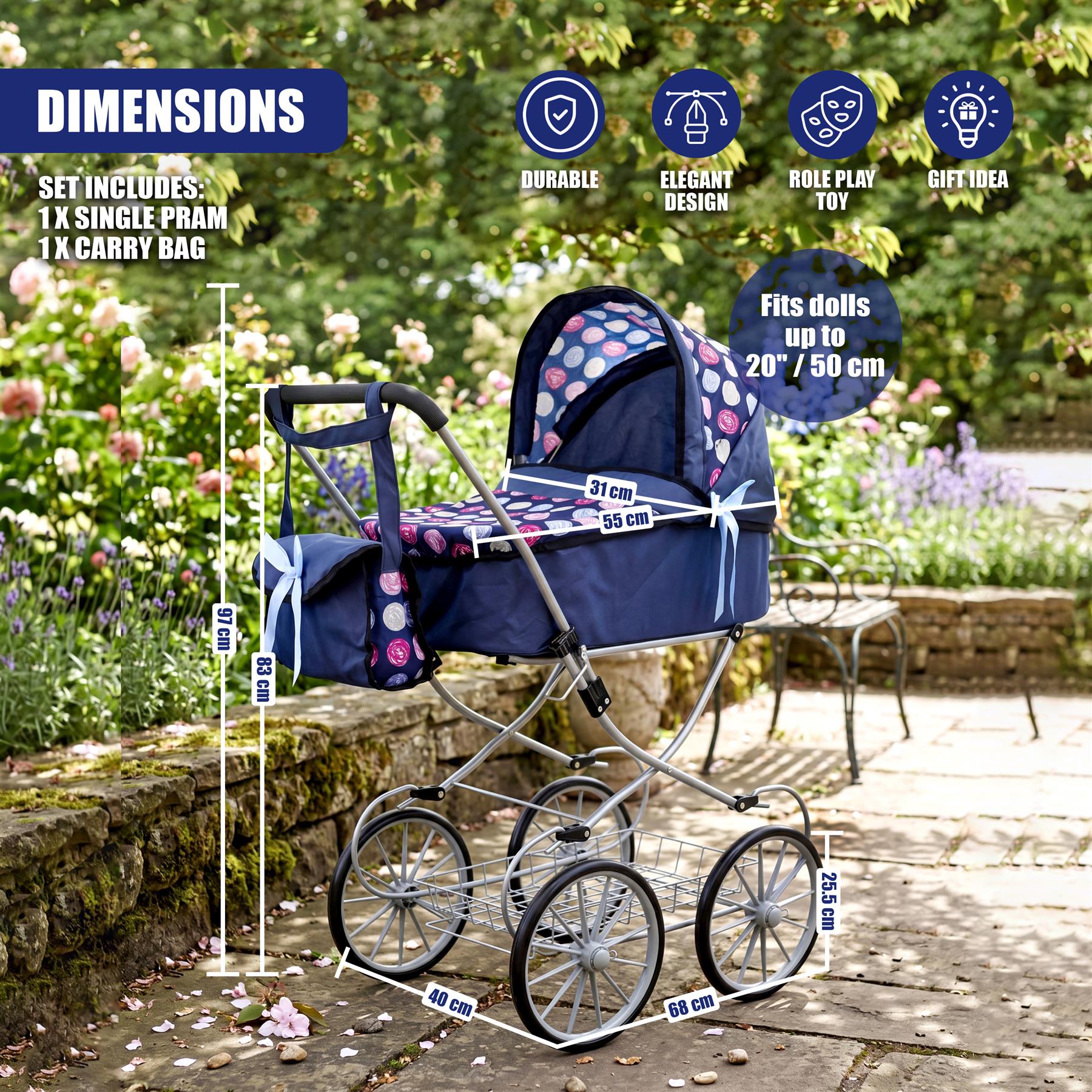 Blue doll stroller set with white accents, carriage, and matching carry bag placed outdoors.