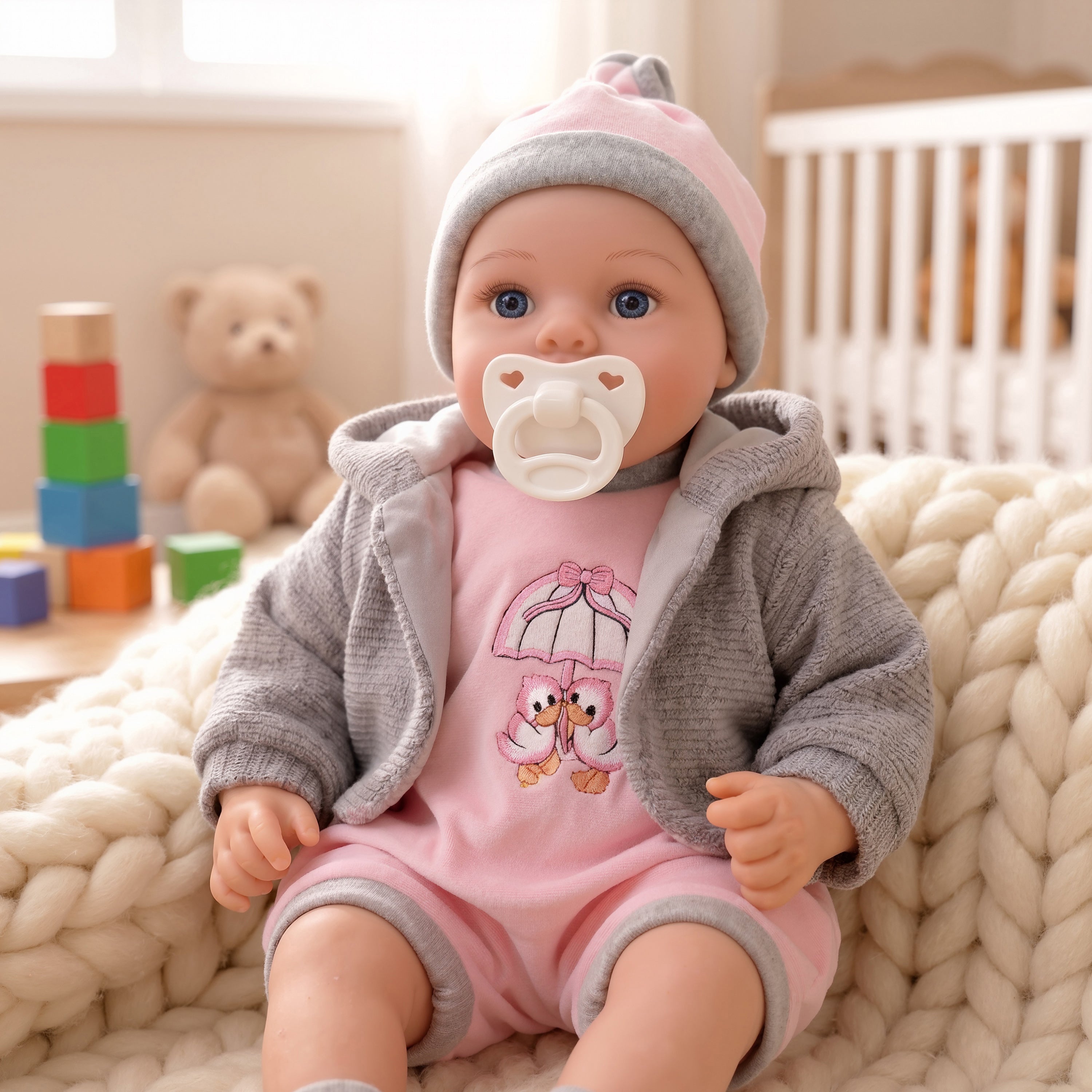 Baby Girl Doll With Dummy & Sounds Grey