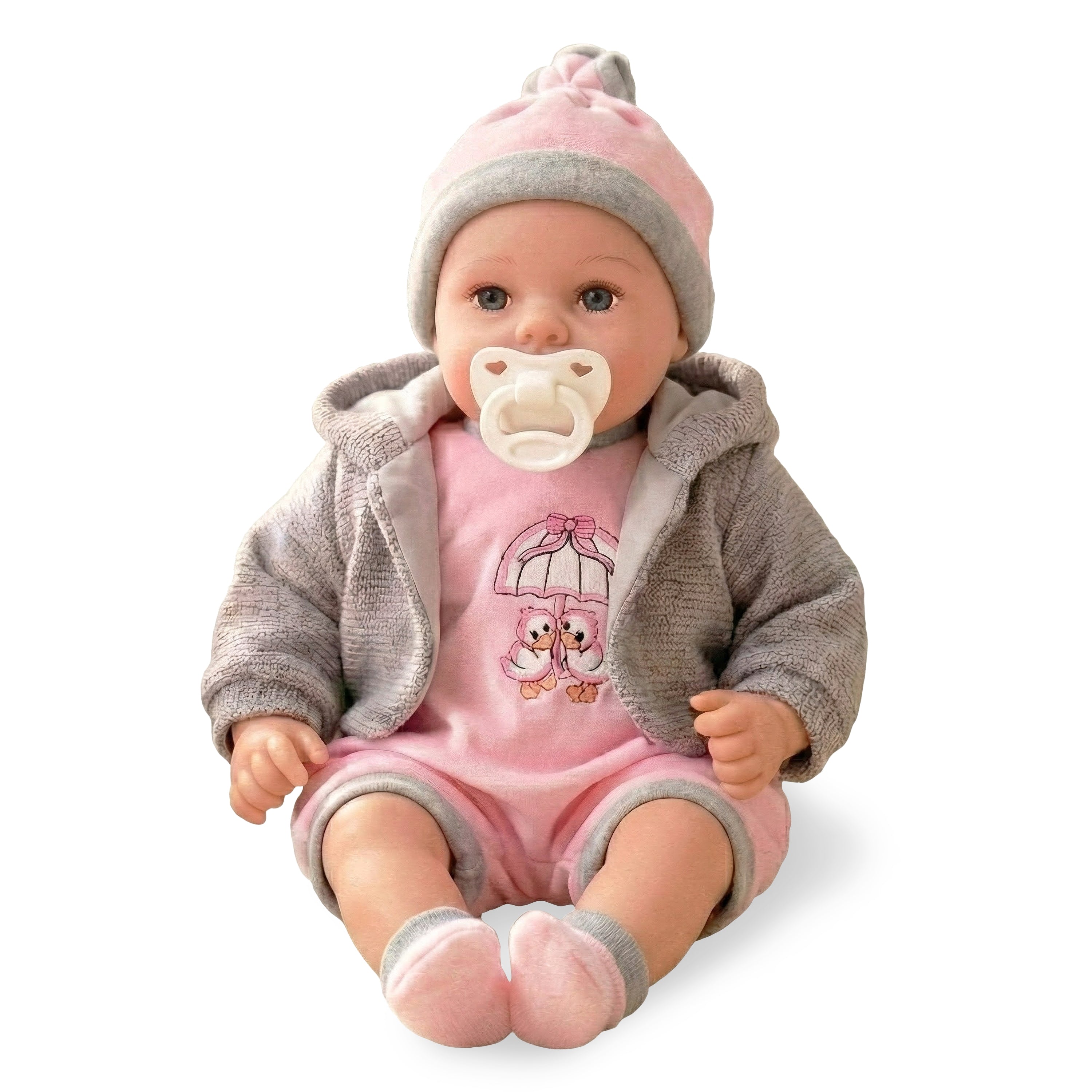 Baby Girl Doll With Dummy & Sounds Grey