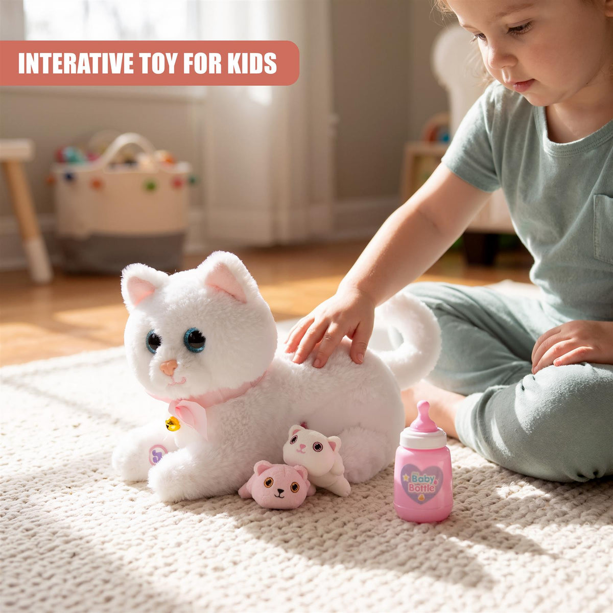Interactive Plush Cat with 2 Kittens and Sounds