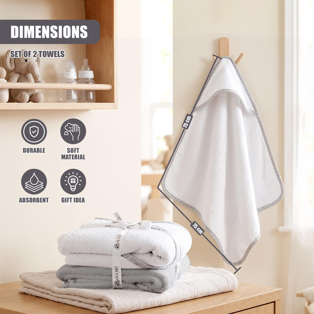 Pack of 2 hooded GEEZY baby bath towels displayed with their dimensions and key features