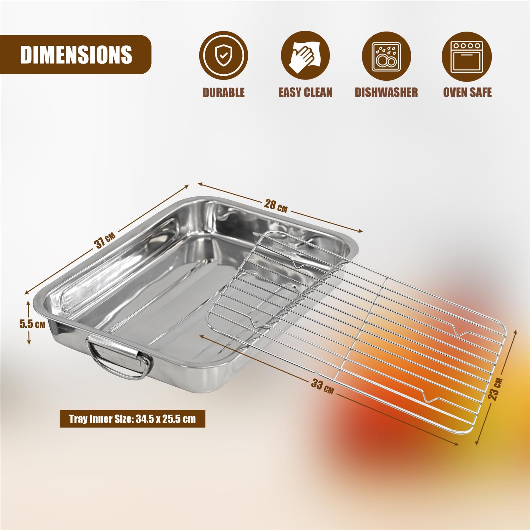 Diagram showing a stainless steel roasting tray and a wire rack with marked measurements.