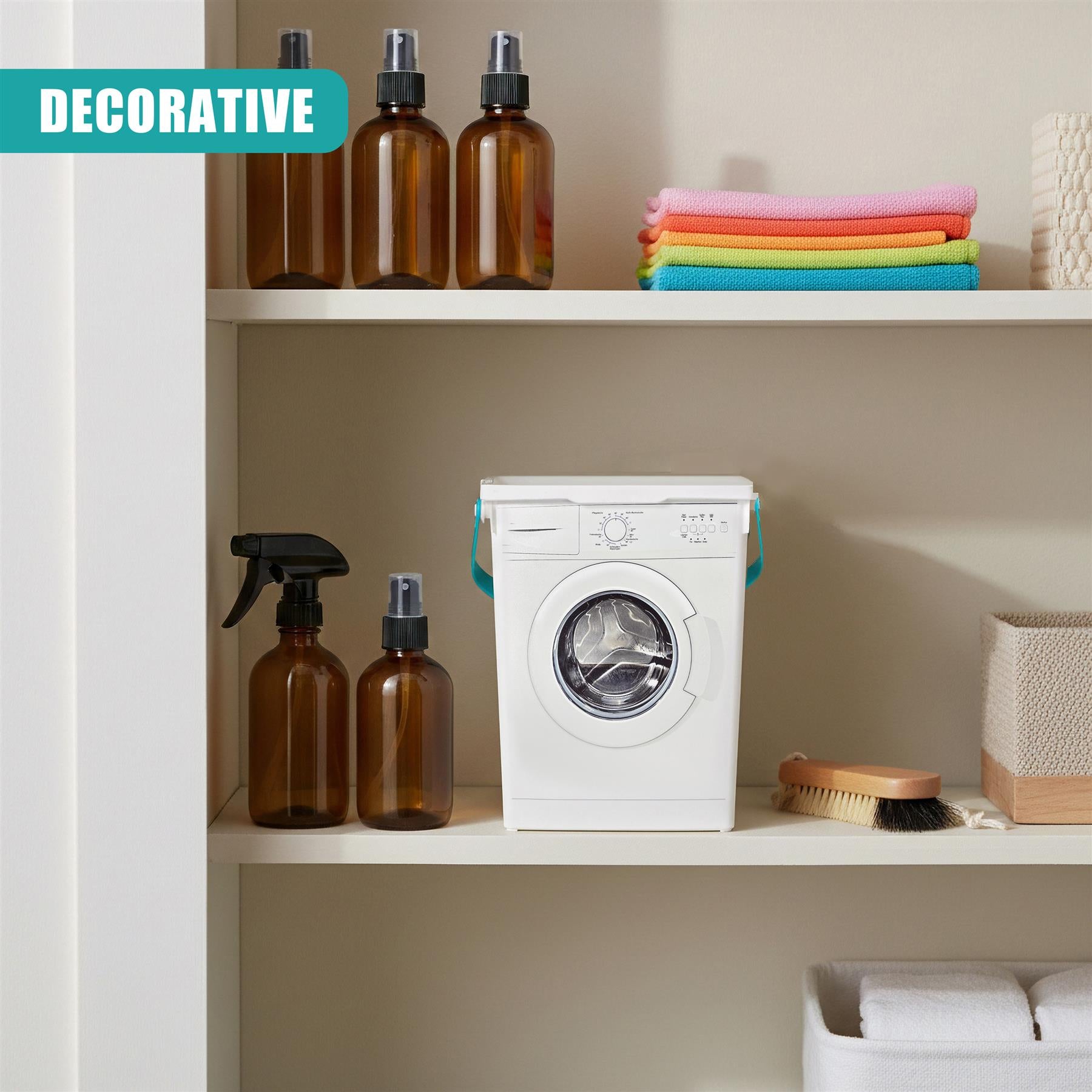 Shelf display featuring soap bottles next to a compact, white, front-loading washing machine appliance.