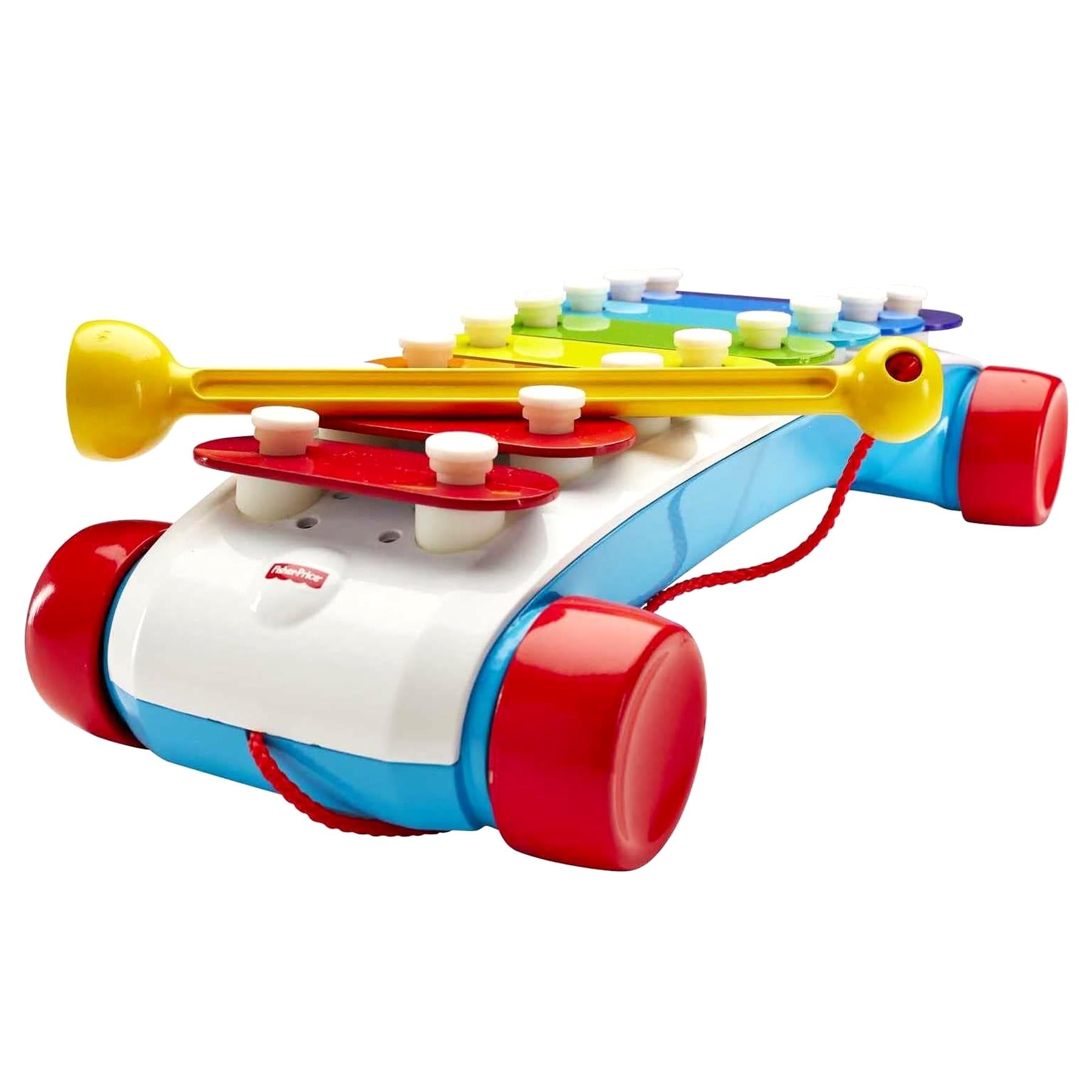 A musical pull toy featuring a yellow bar and colored keys mounted on a red and white base.