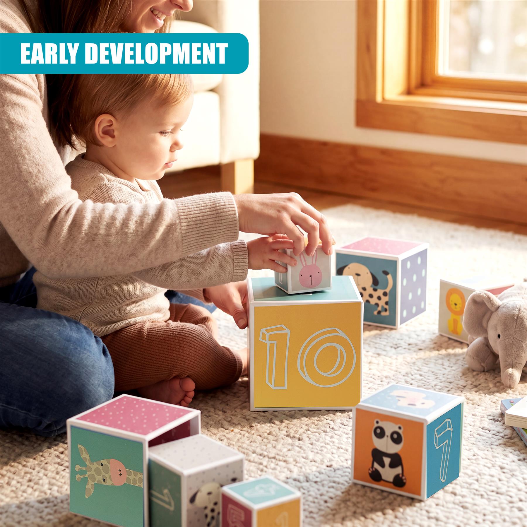A collection of colorful wooden cubes shows numbers, animals, and shapes, ready for stacking play.