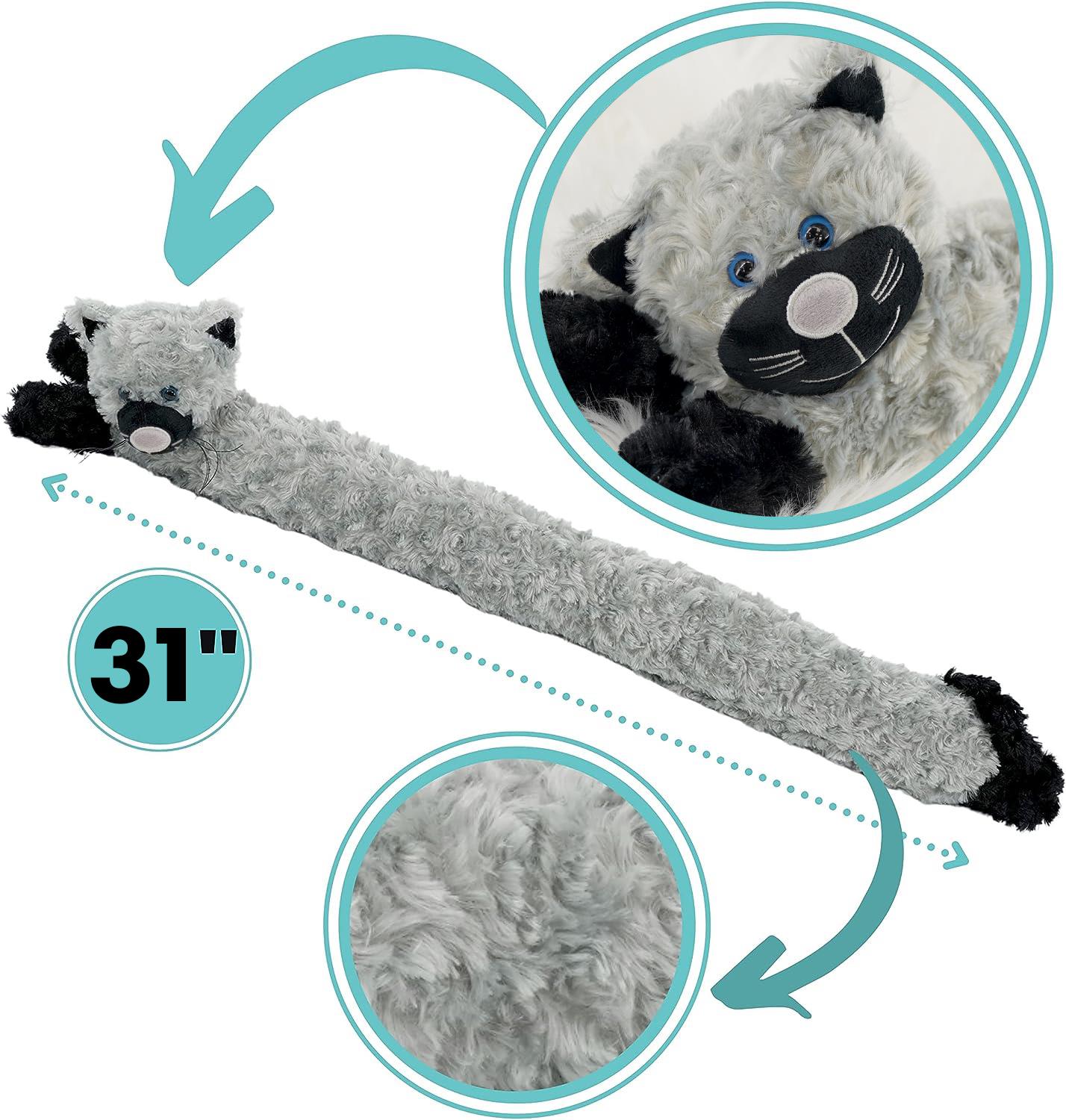 A 31-inch novelty draught excluder designed to look like a grey cat, featuring a plush head and a long, soft body with black accents. This cute and functional door stopper adds charm to any room while helping to keep the cold air out. Perfect for cat lovers and home decoration, it is a playful addition to your decor. Available at themagictoyshop.
