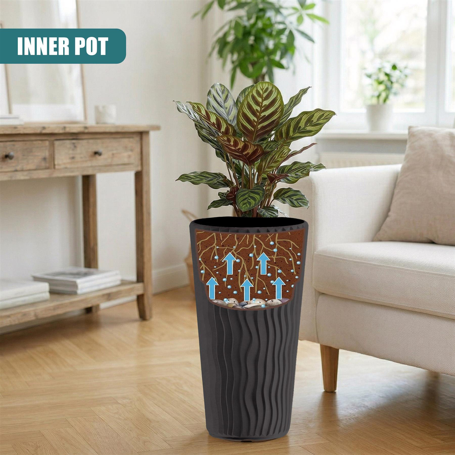 Tall, wavy anthracite pot featuring a patterned band of blue arrows and natural tones near the rim.