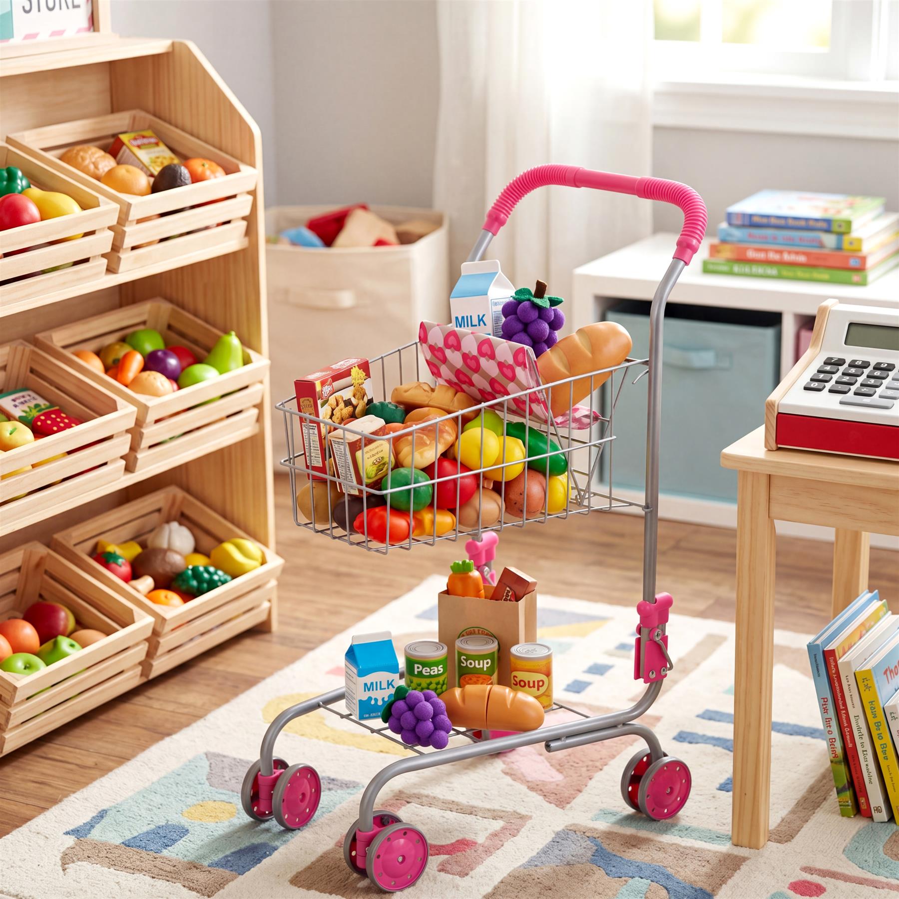 A kids' metal shopping trolley filled with play food, groceries, and pretend items.